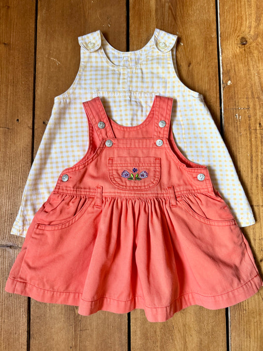 Baby girls' 2 piece summer pinafore dress bundle in 3 months, featuring a coral embroidered pinafore and yellow gingham dress. Handpicked for Bee Tiny kids vintage.