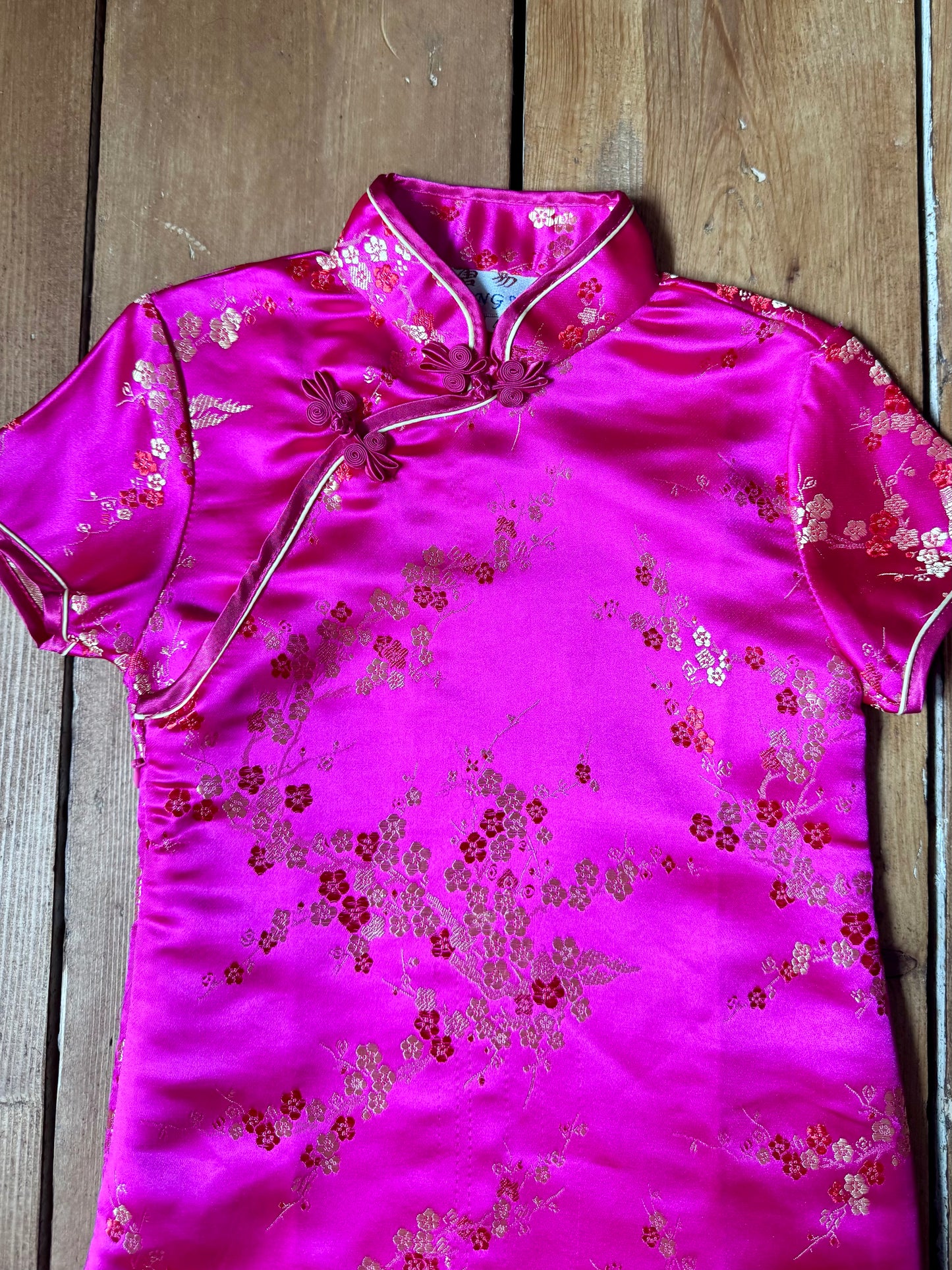 Vintage 90s pink satin qipao dress. Y2K childrens occasion wear. Age 4 years. Handpicked for Bee Tiny kids vintage. 