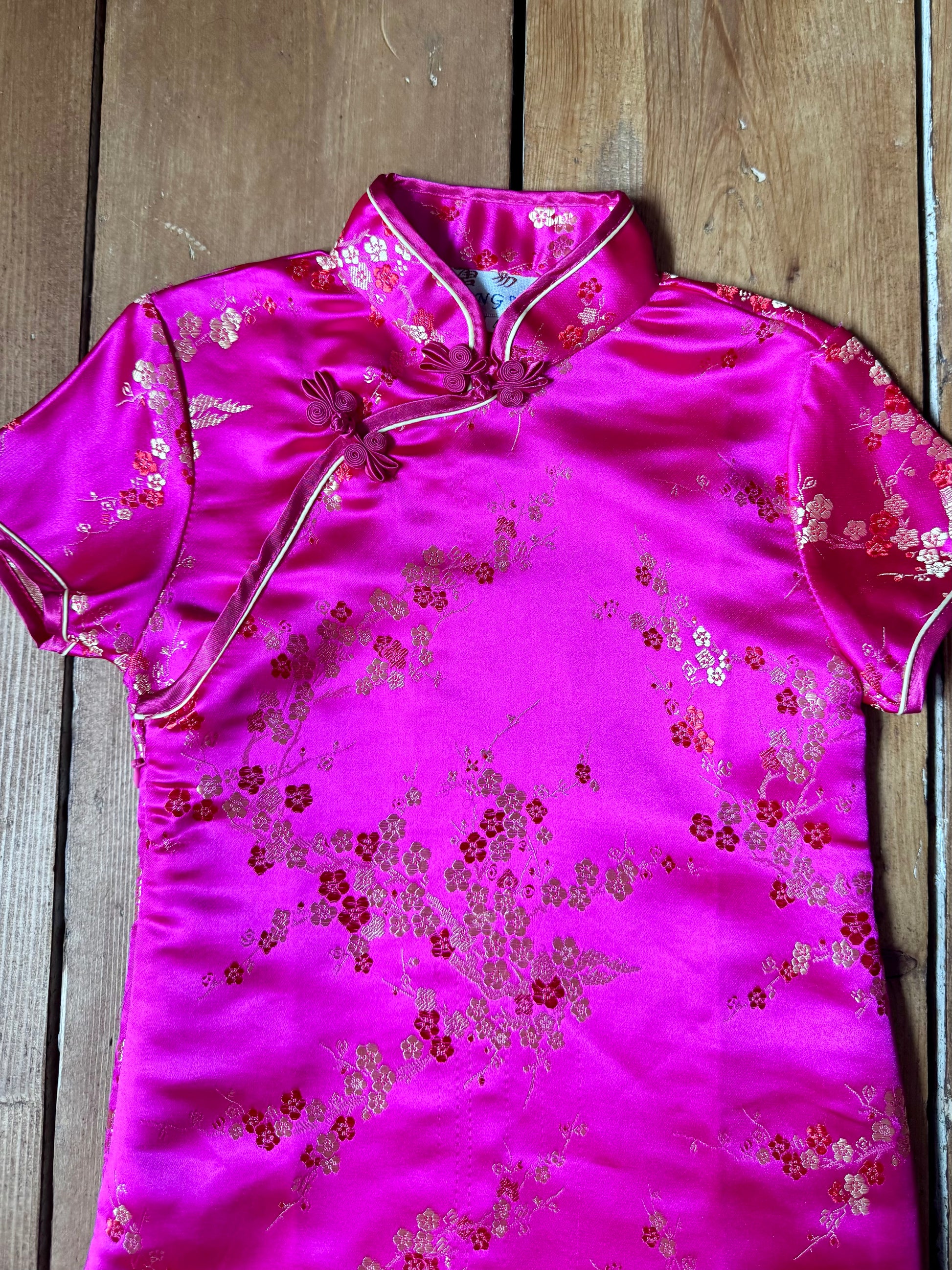 Vintage 90s pink satin qipao dress. Y2K childrens occasion wear. Age 4 years. Handpicked for Bee Tiny kids vintage. 