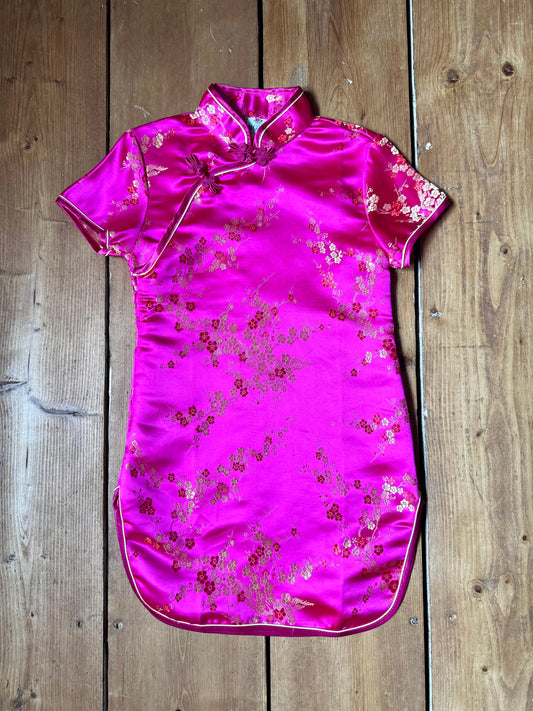 Vintage 90s pink satin qipao dress. Y2K childrens occasion wear. Age 4 years. Handpicked for Bee Tiny kids vintage. 