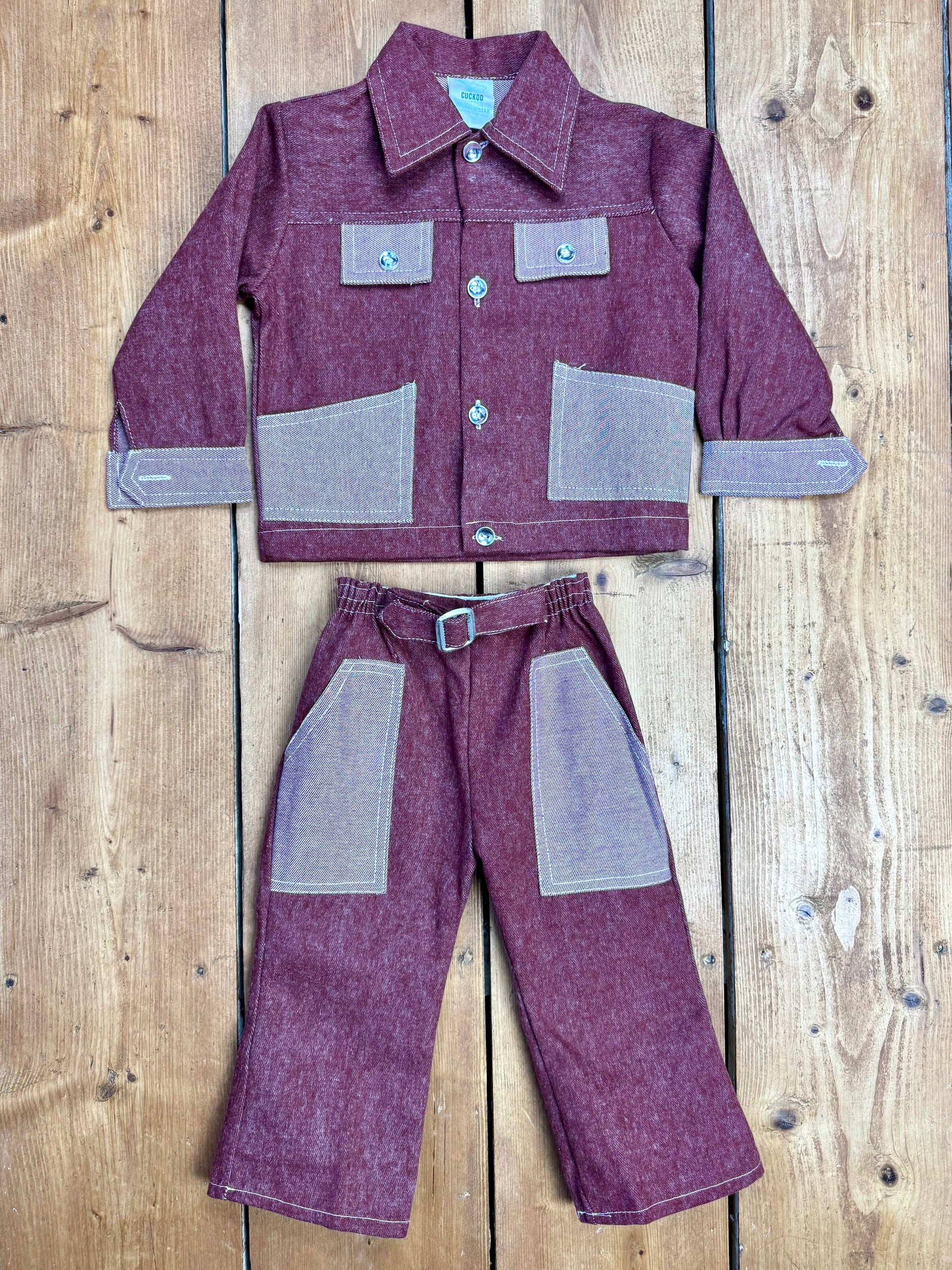 Vintage Cuckoo kids matching 2 piece jacket and trousers set. Vintage kids matching denim set. Age 2-3 years. Handpicked for Bee Tiny kids vintage.