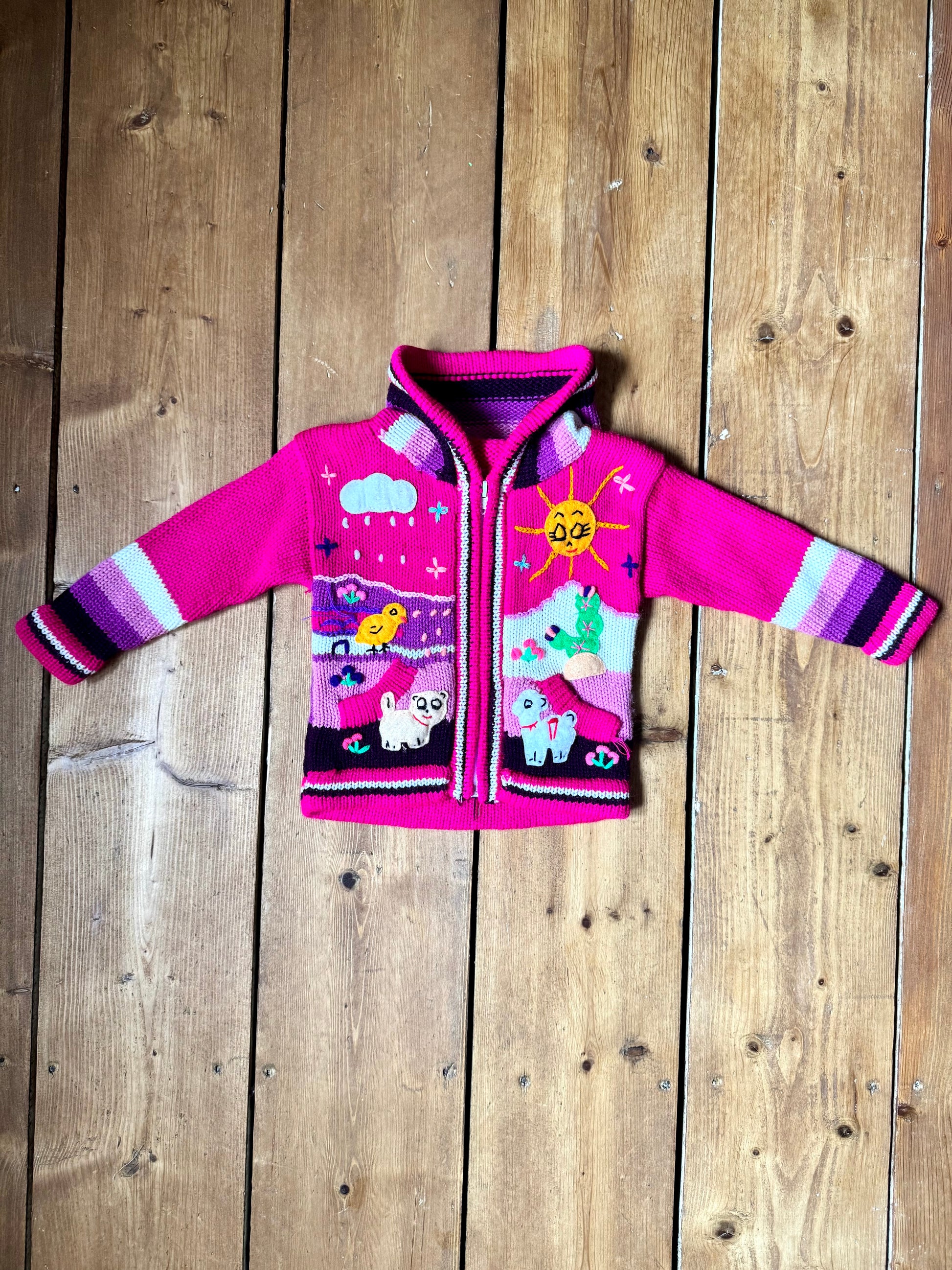 Pink character knitted jumper with hood. Handpicked for Bee Tiny kids vintage.