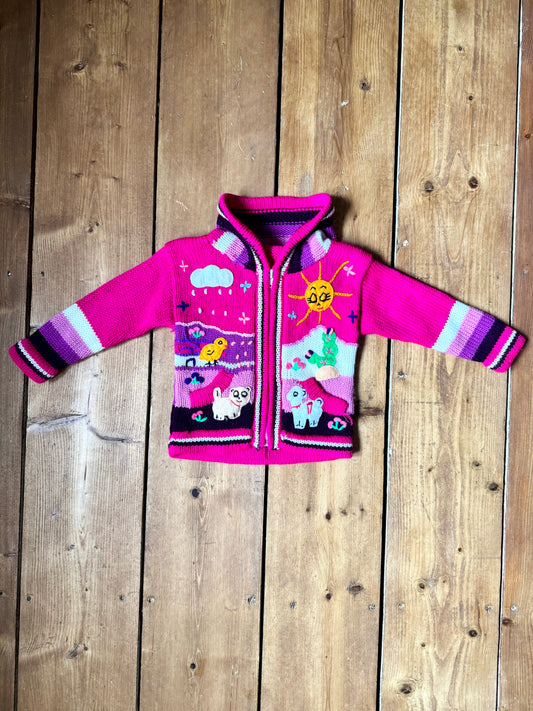 Pink character knitted jumper with hood. Handpicked for Bee Tiny kids vintage.