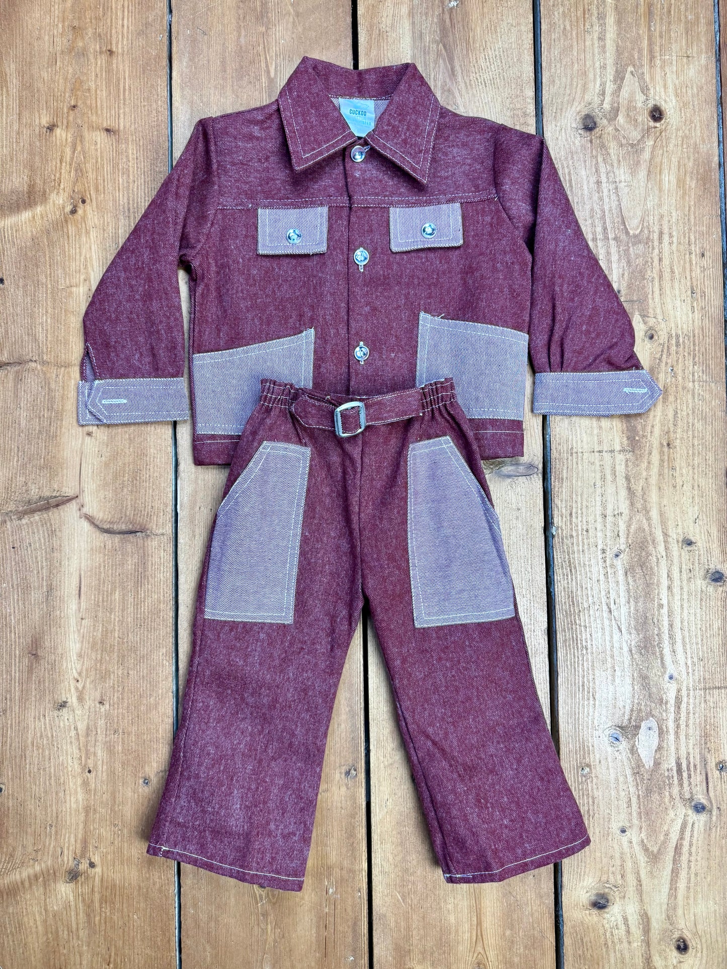 Vintage Cuckoo kids matching 2 piece jacket and trousers set. Vintage kids matching denim set. Age 2-3 years. Handpicked for Bee Tiny kids vintage.