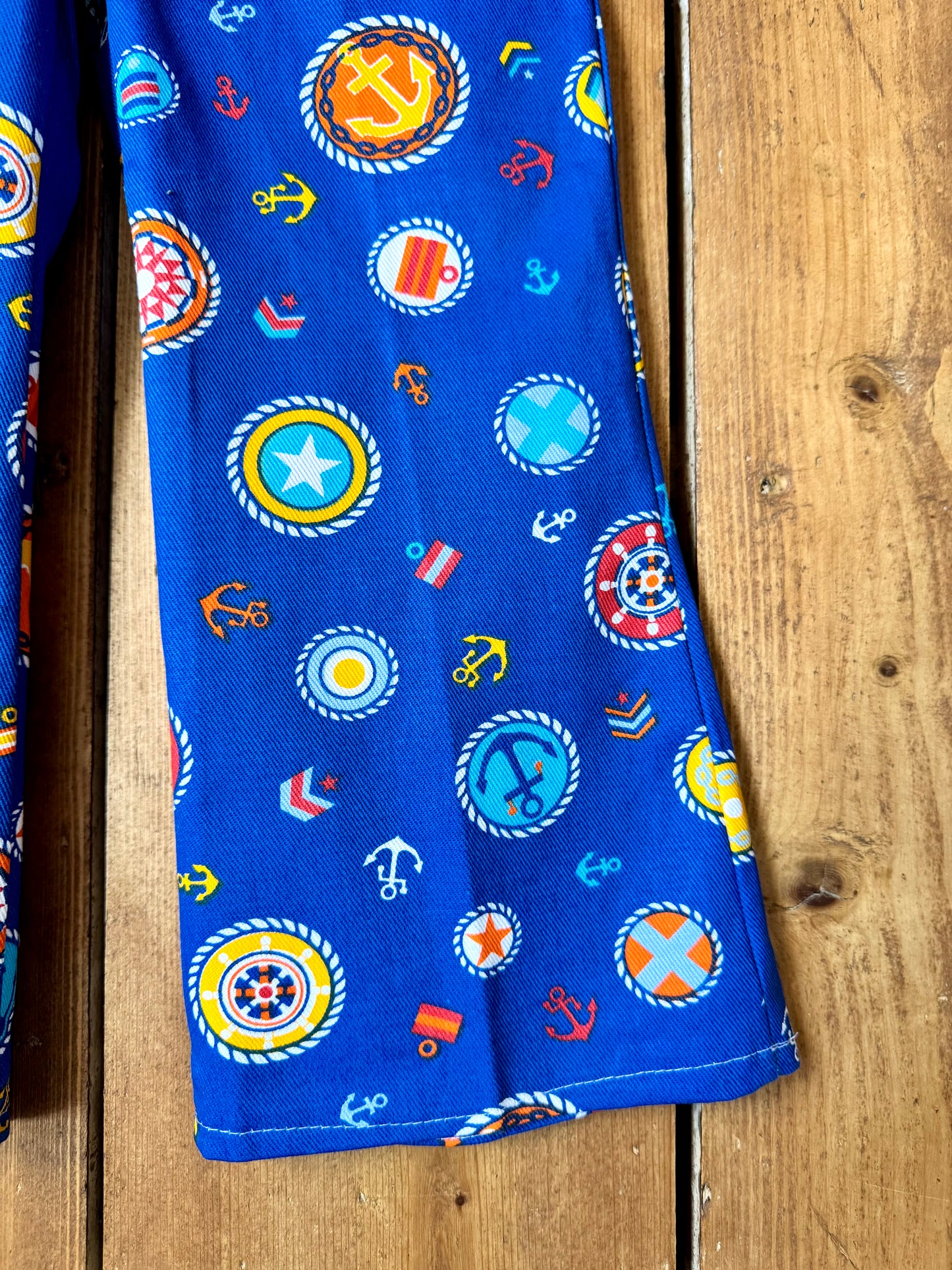 Vintage 70s Cuckoo Blue Nautical Print Trousers | 3 Years