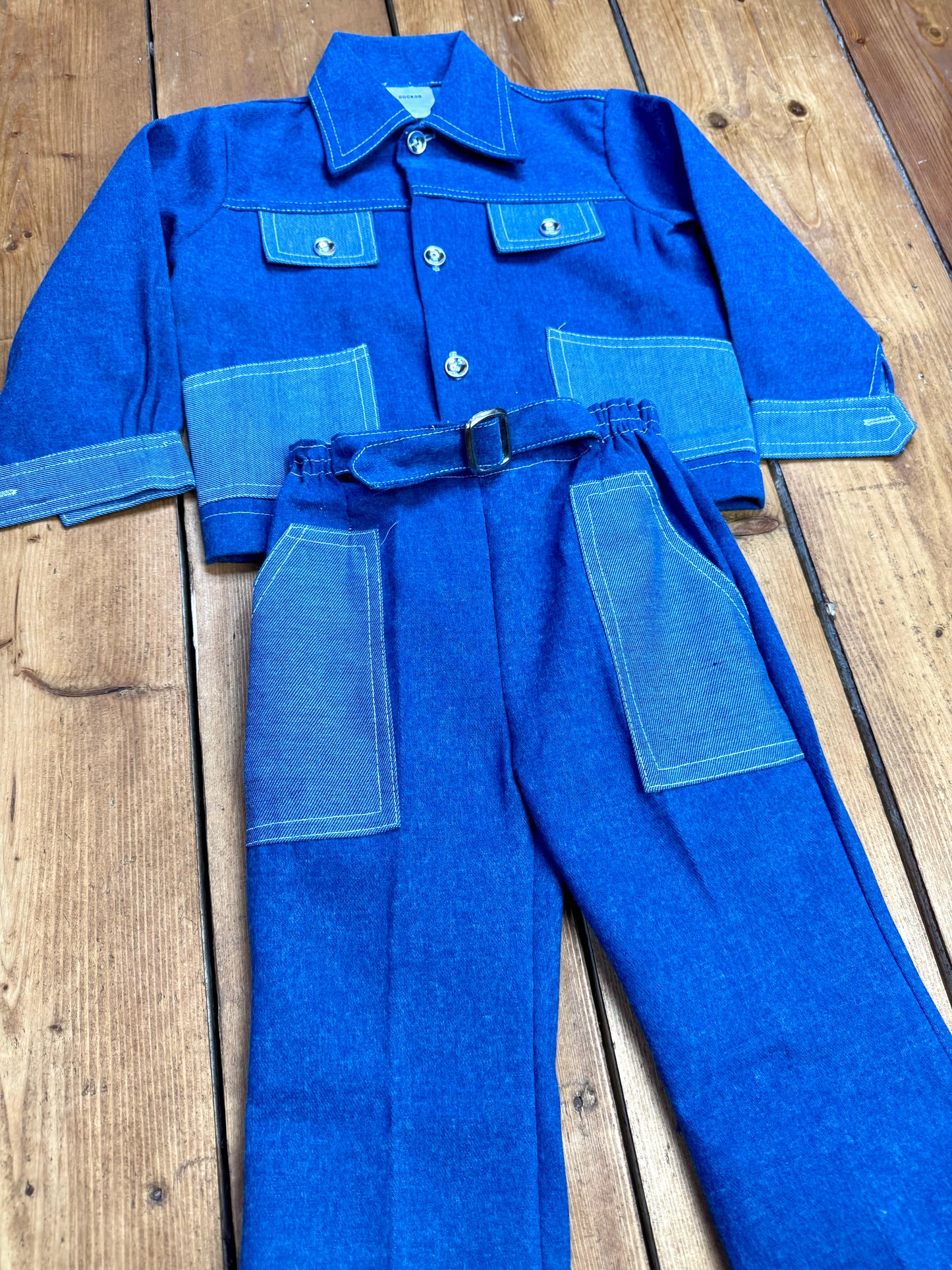 Vintage Cuckoo kids 2 piece jacket and trouser set. Vintage kids denim matching set. Age 2-3 years. Handpicked for Bee Tiny kids vintage.