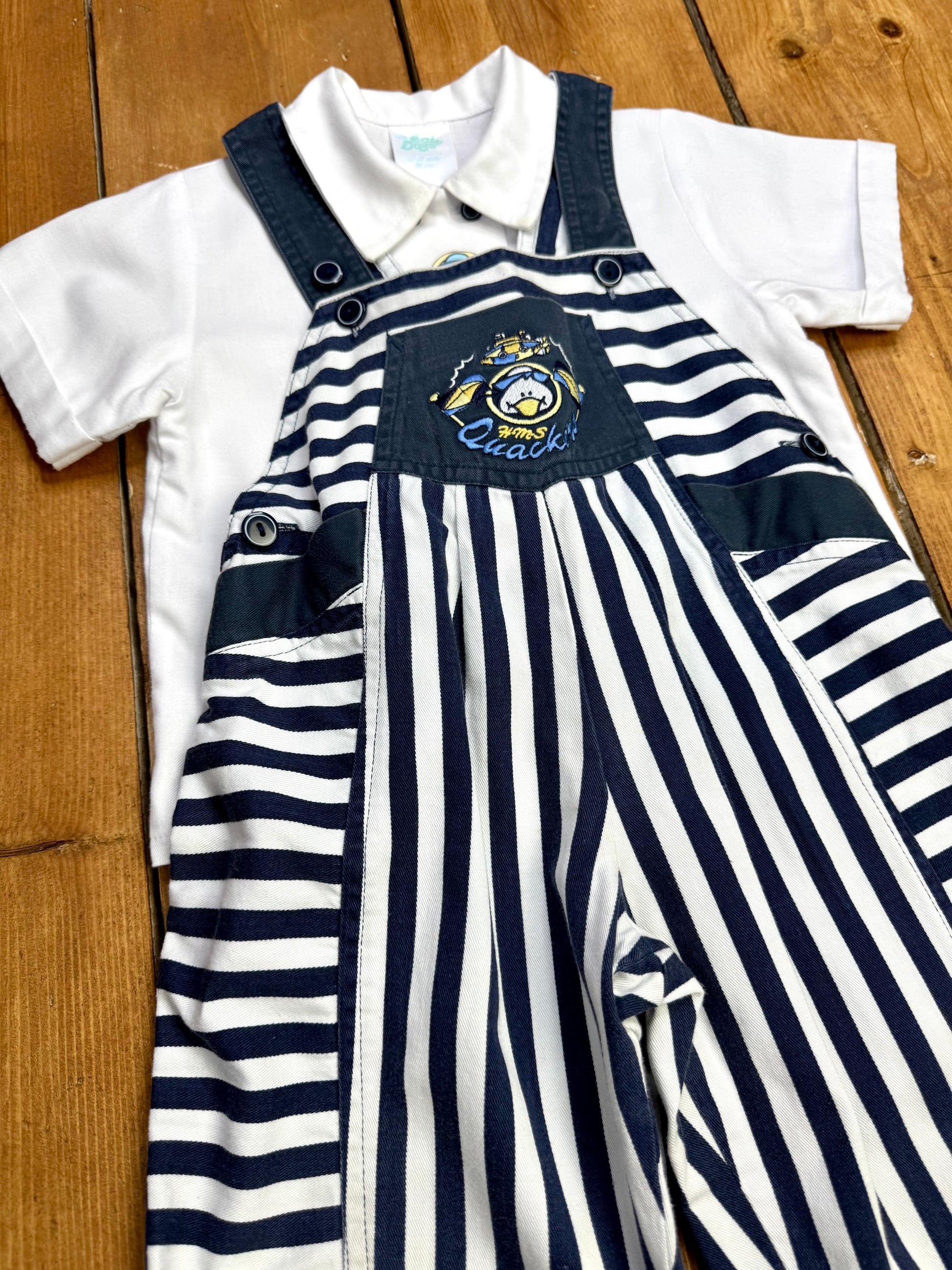 Vintage 90s nautical kids 2 piece striped dungaree and shirt set. 12-18 months. Handpicked for Bee Tiny kids vintage.