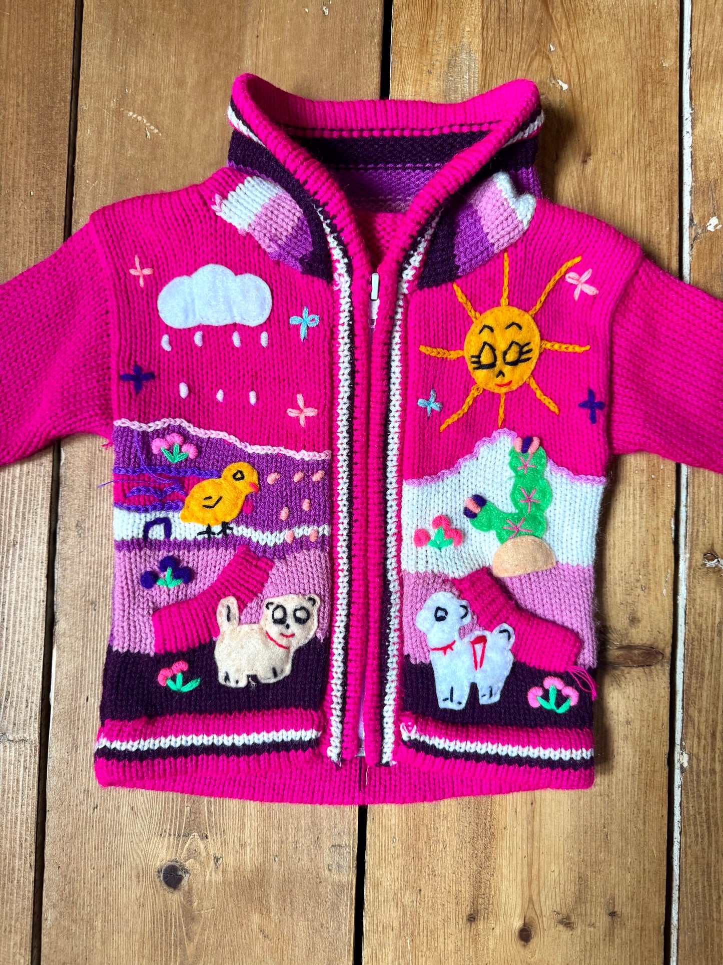 Pink character knitted jumper with hood. Handpicked for Bee Tiny kids vintage.