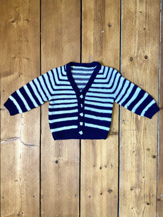 Vintage handknitted kids blue and white striped cardigan with elephant buttons. Age 1 year. Handpicked for Bee Tiny kids vintage.