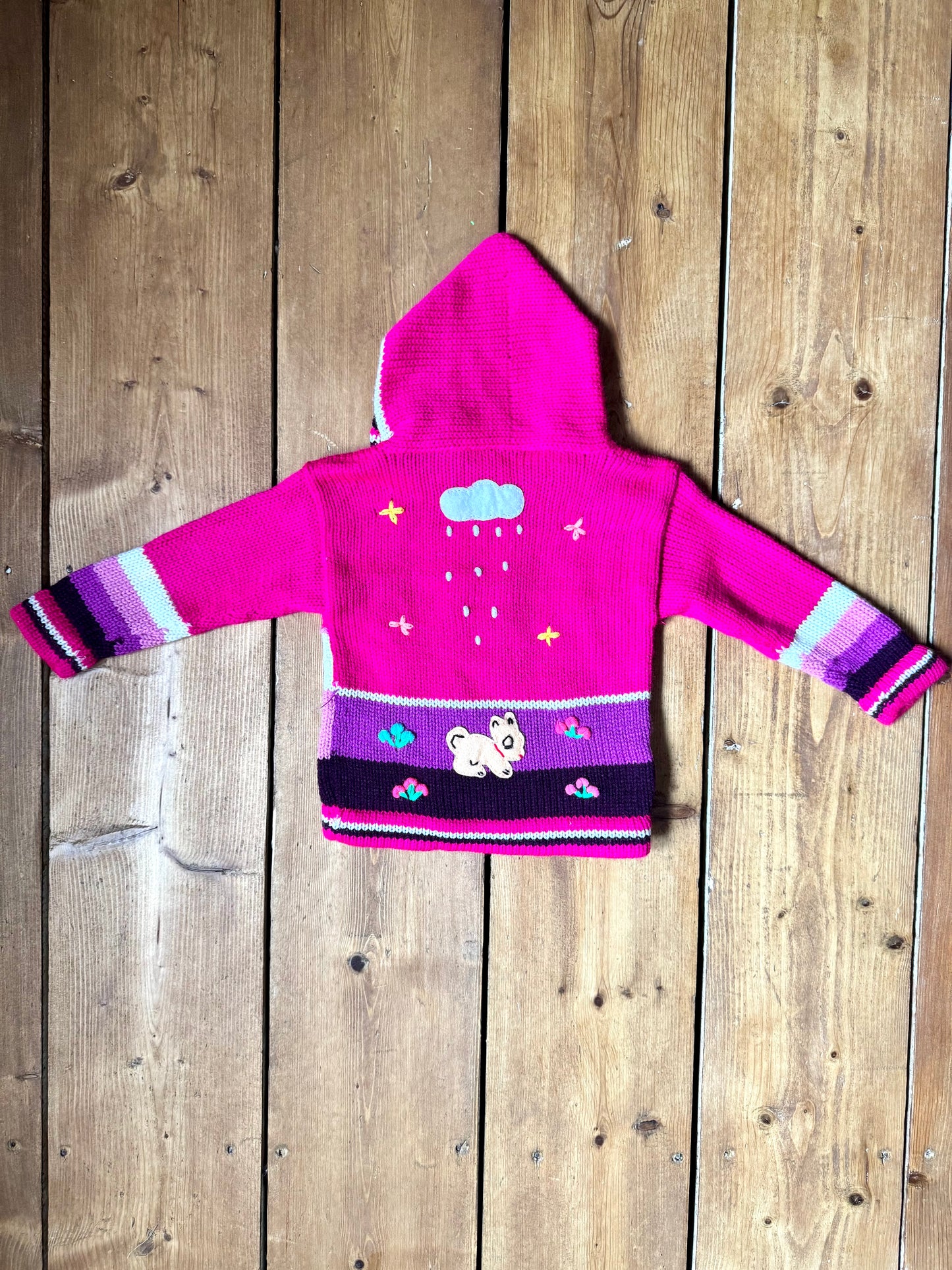 Pink character knitted jumper with hood. Handpicked for Bee Tiny kids vintage.
