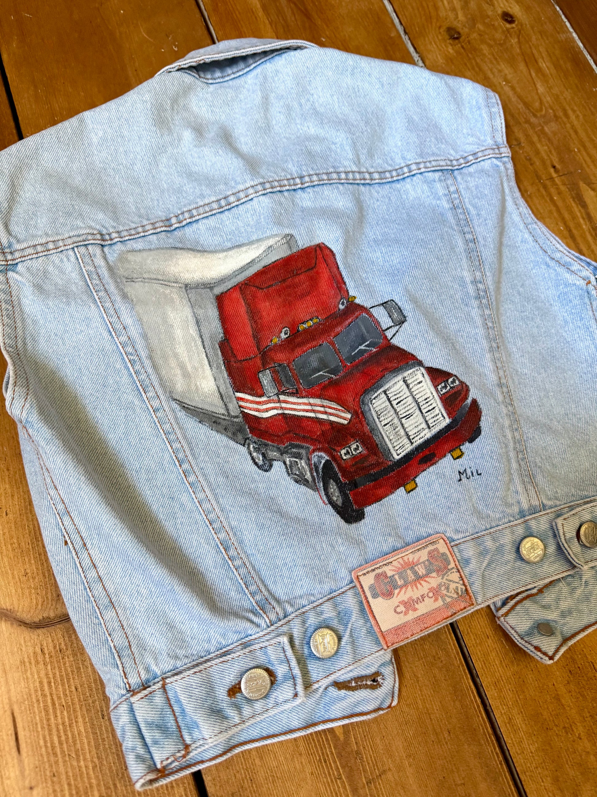 Vintage 90s Claws denim vest with a handpainted red truck on the back panel. One of a kind unique vintage item handpicked for Bee Tiny kids vintage. Age 11 years. wear oversized.