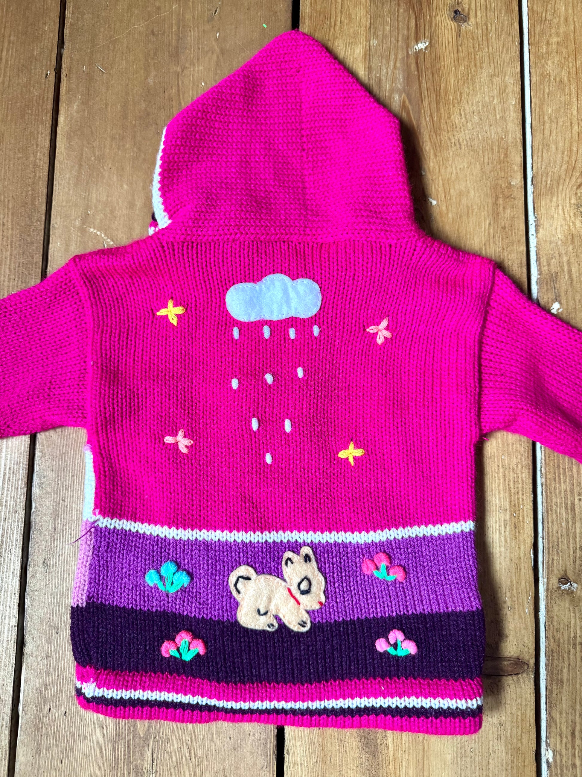 Pink character knitted jumper with hood. Handpicked for Bee Tiny kids vintage.
