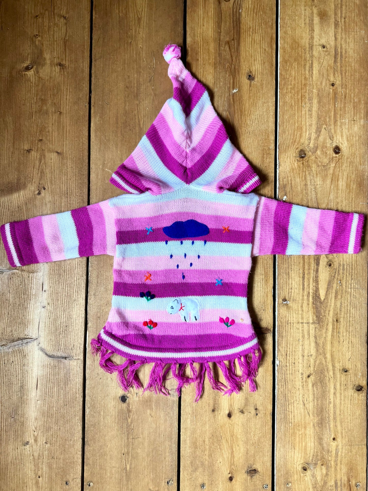 Pink character knitted jumper with pixie hood. Handpicked for Bee Tiny kids vintage. Festival clothing for kids.
