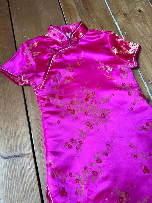 Vintage 90s pink satin qipao dress. Y2K childrens occasion wear. Age 4 years. Handpicked for Bee Tiny kids vintage. 