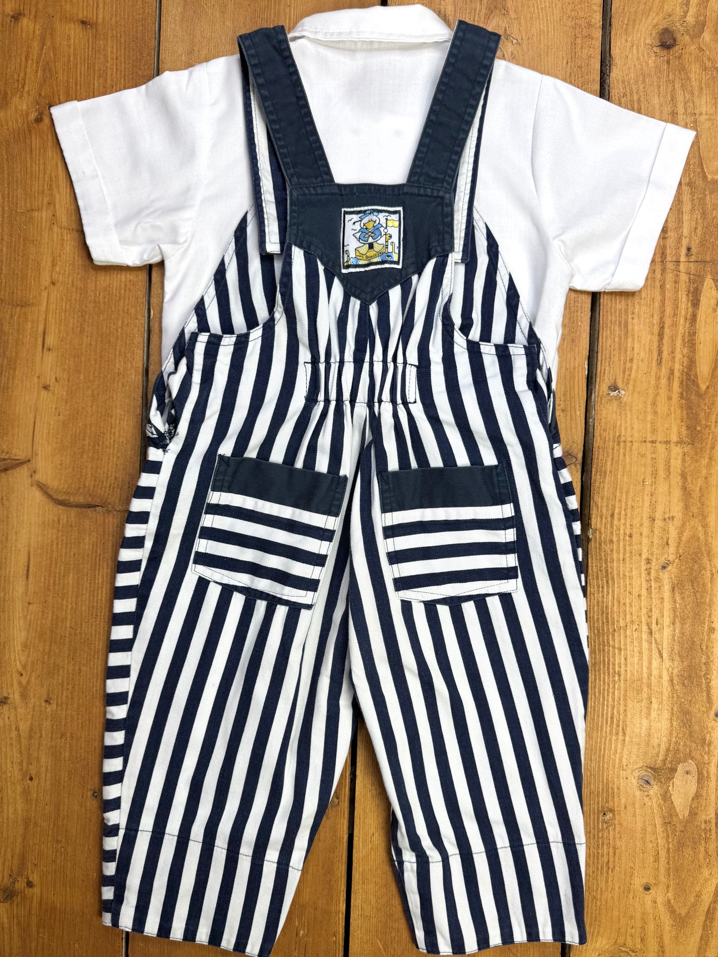 Vintage 90s nautical kids 2 piece striped dungaree and shirt set. 12-18 months. Handpicked for Bee Tiny kids vintage.