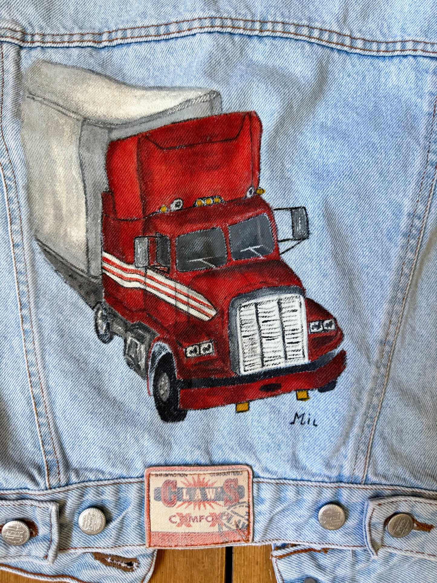 Vintage 90s Claws denim vest with a handpainted red truck on the back panel. One of a kind unique vintage item handpicked for Bee Tiny kids vintage. Age 11 years. wear oversized.