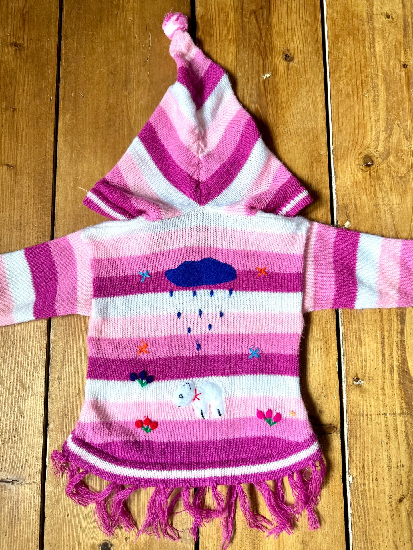 Pink character knitted jumper with pixie hood. Handpicked for Bee Tiny kids vintage. Festival clothing for kids.
