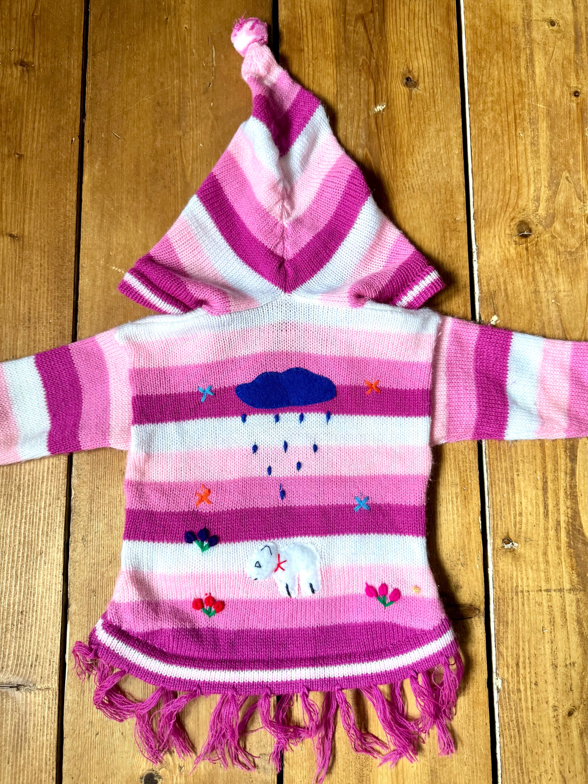 Pink character knitted jumper with pixie hood. Handpicked for Bee Tiny kids vintage. Festival clothing for kids.