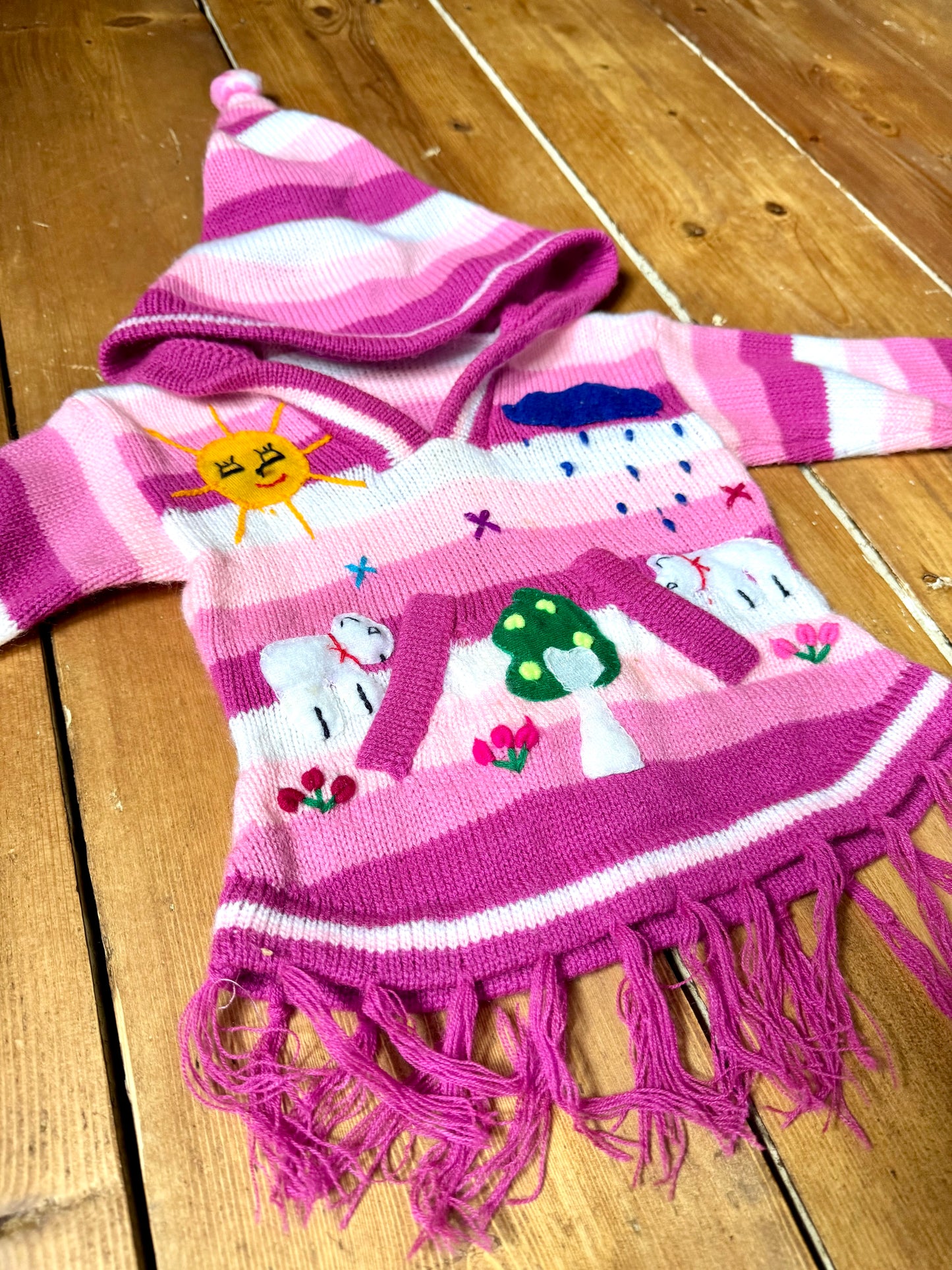 Pink character knitted jumper with pixie hood. Handpicked for Bee Tiny kids vintage. Festival clothing for kids.