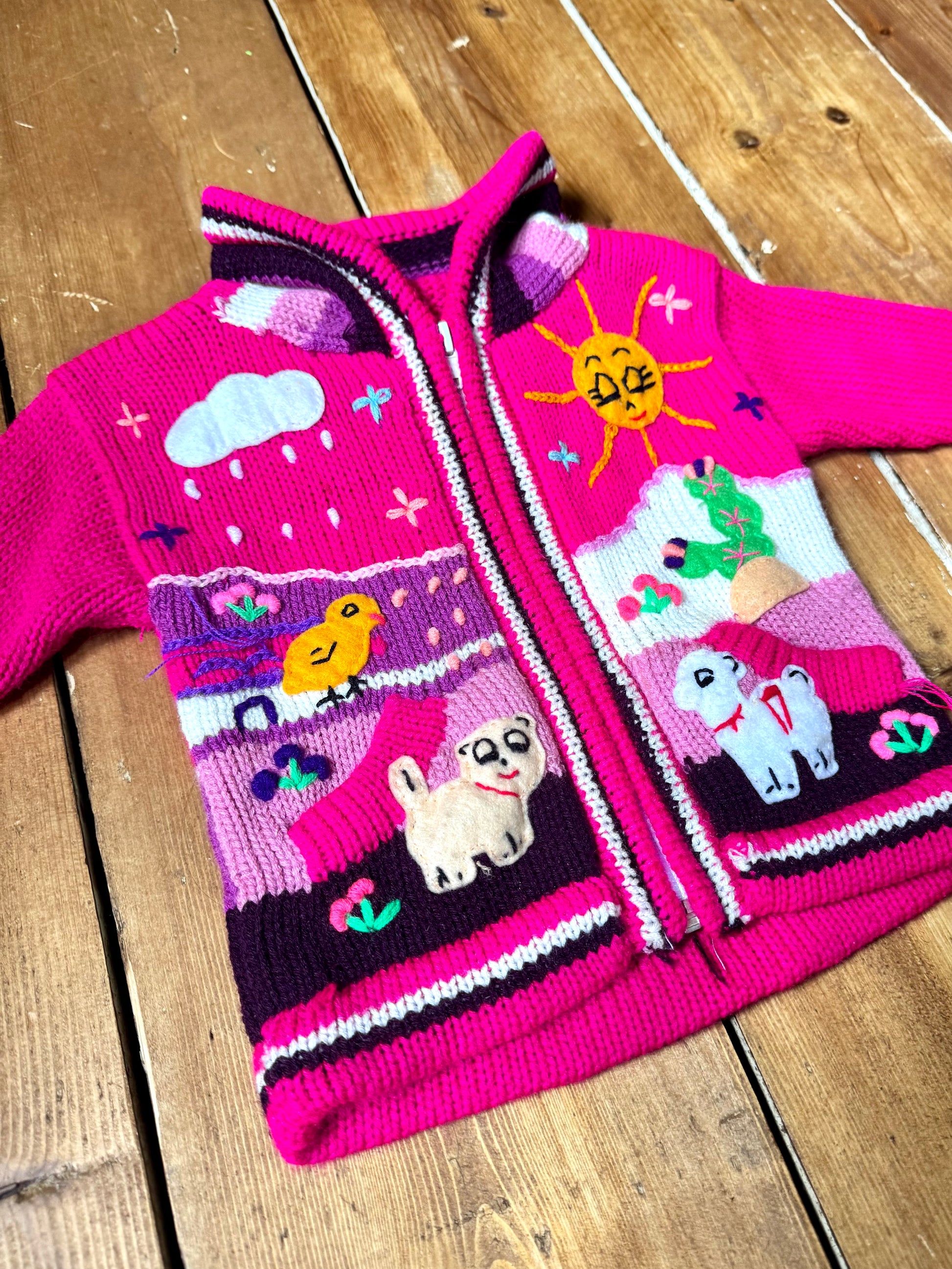 Pink character knitted jumper with hood. Handpicked for Bee Tiny kids vintage.