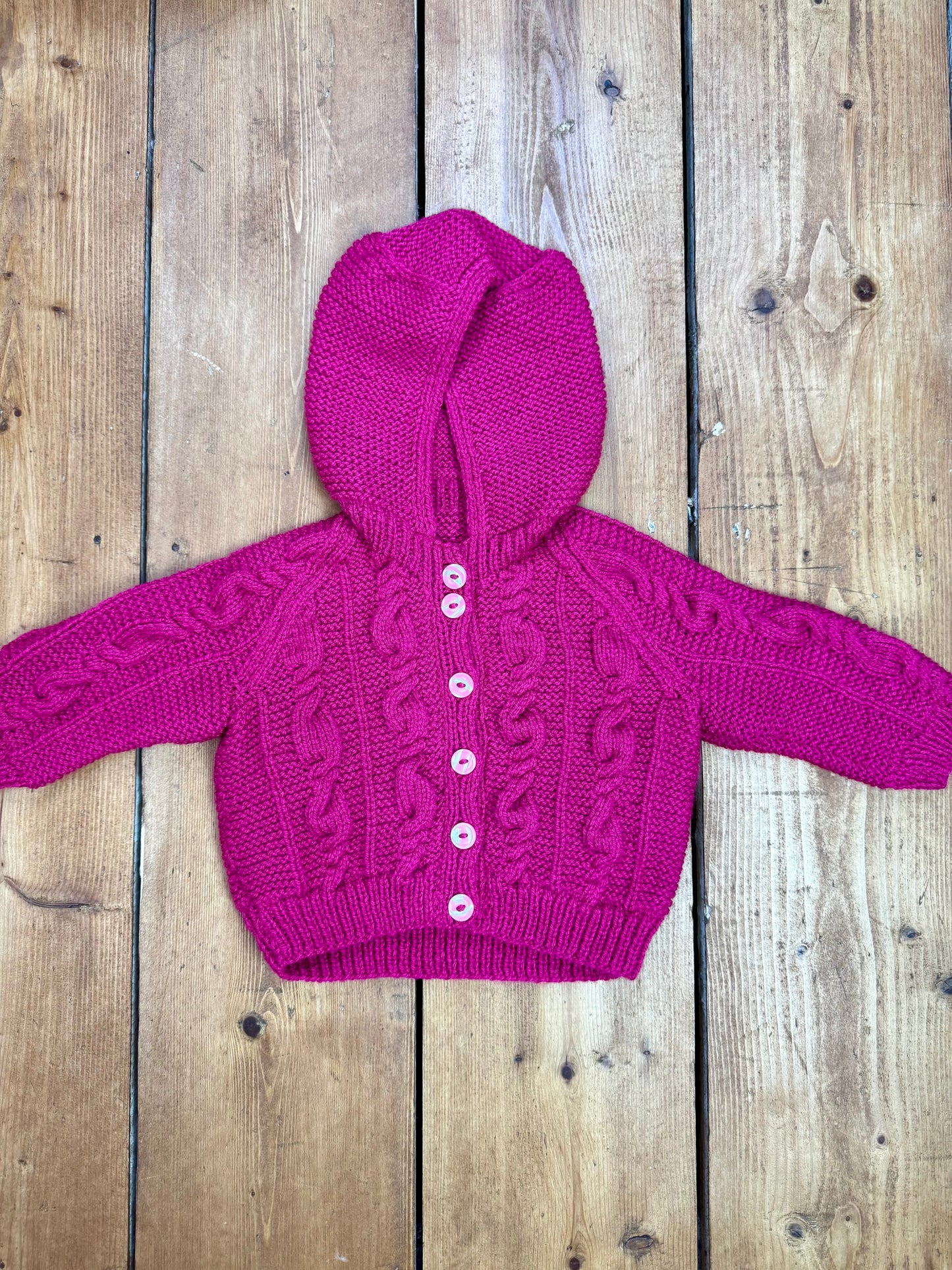 Vintage Handknit Raspberry Hooded Baby Cardigan | 3–6 Months