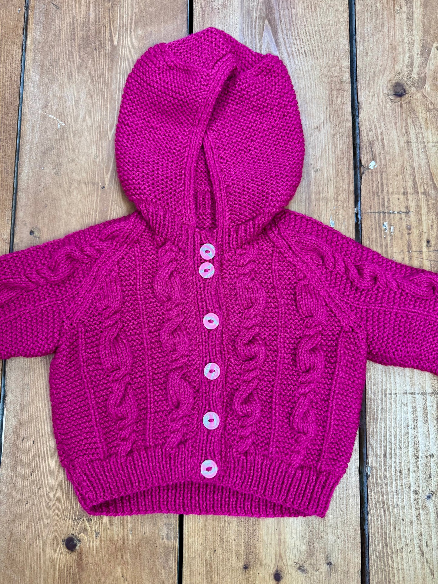 Vintage Handknit Raspberry Hooded Baby Cardigan | 3–6 Months