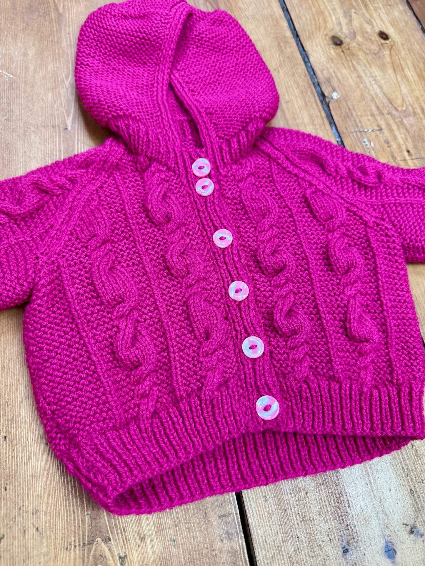 Vintage Handknit Raspberry Hooded Baby Cardigan | 3–6 Months