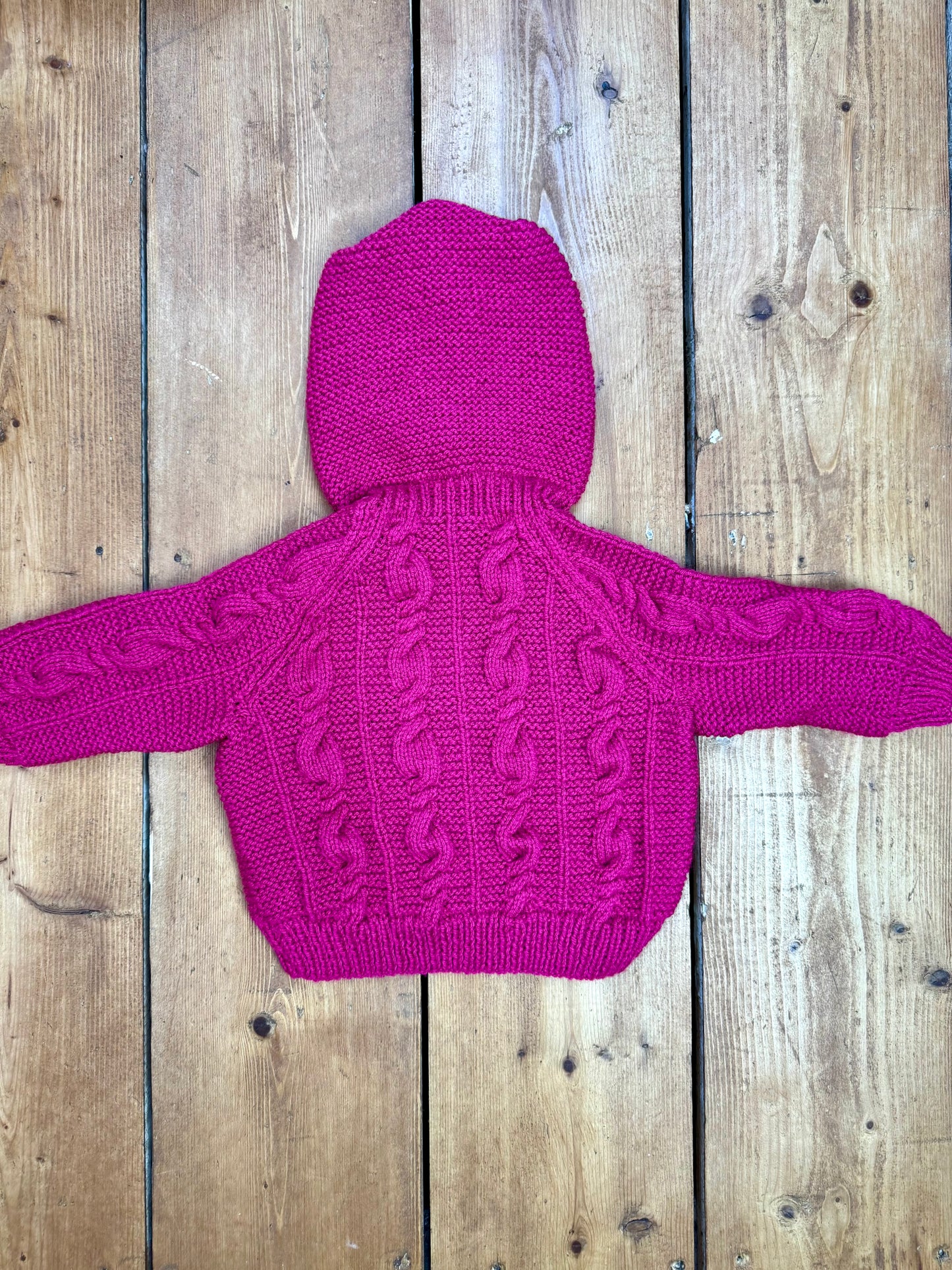 Vintage Handknit Raspberry Hooded Baby Cardigan | 3–6 Months