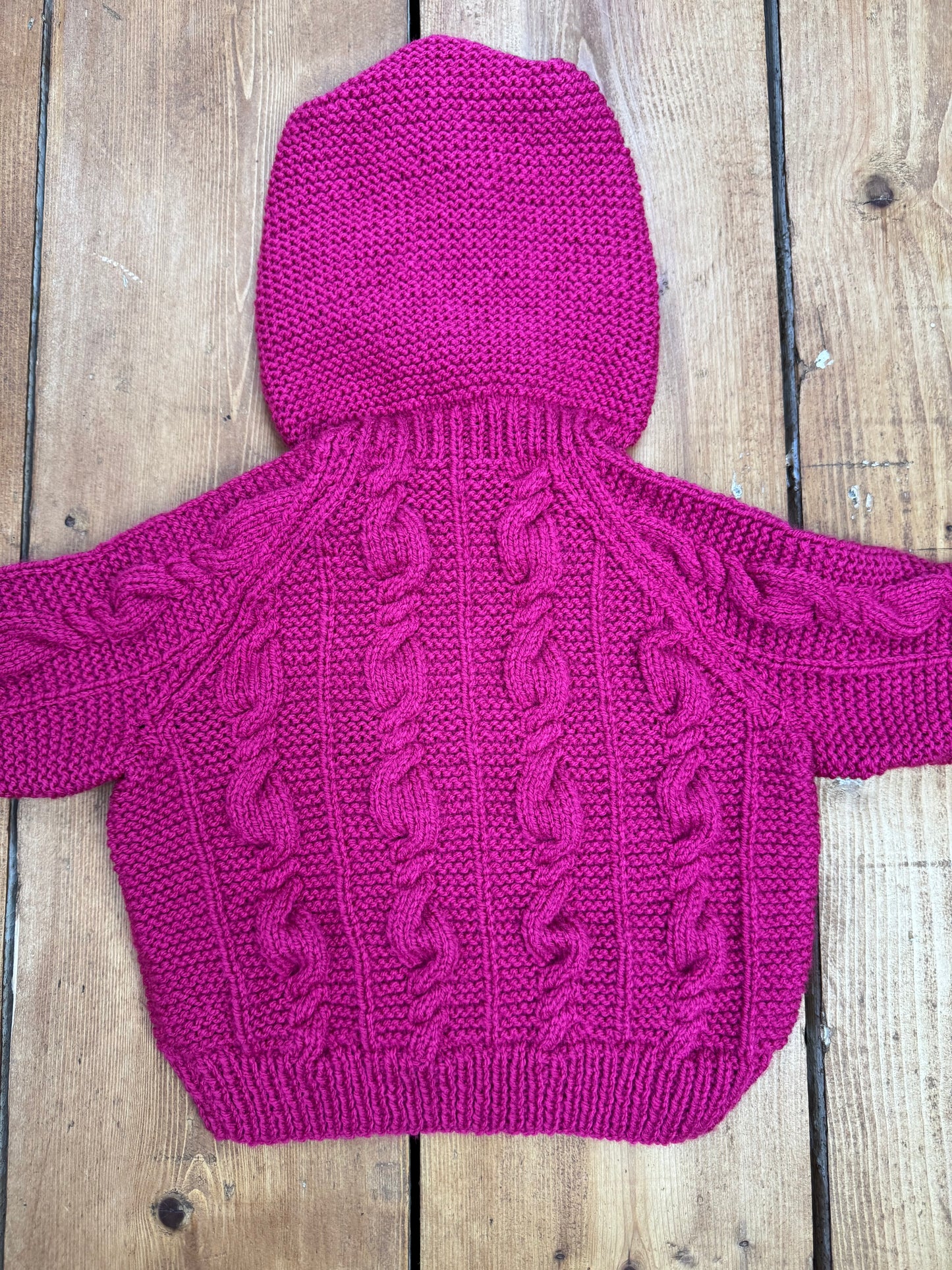 Vintage Handknit Raspberry Hooded Baby Cardigan | 3–6 Months