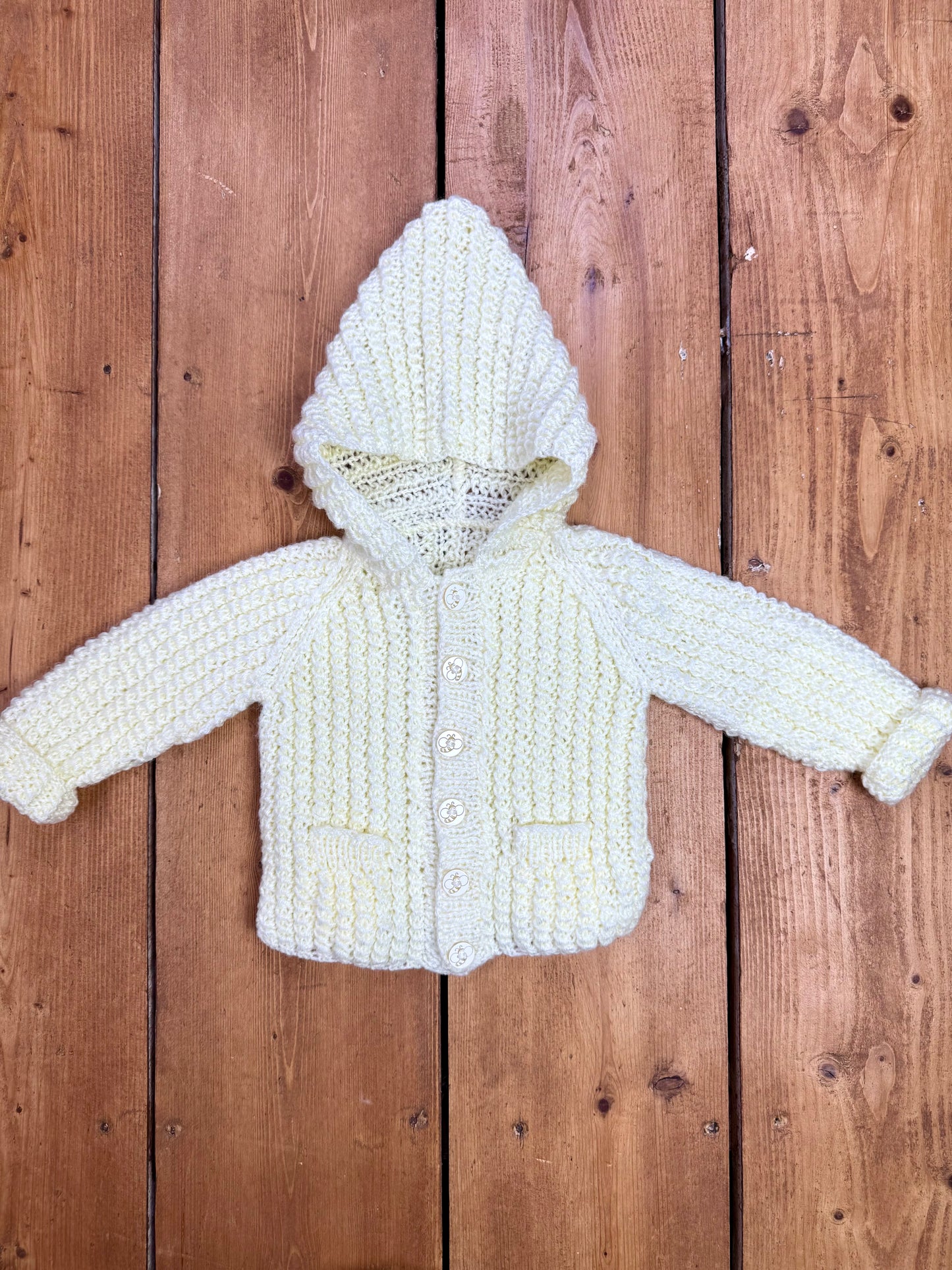 Vintage Handknit Lemon Hooded Baby Cardigan | 3–6 Months