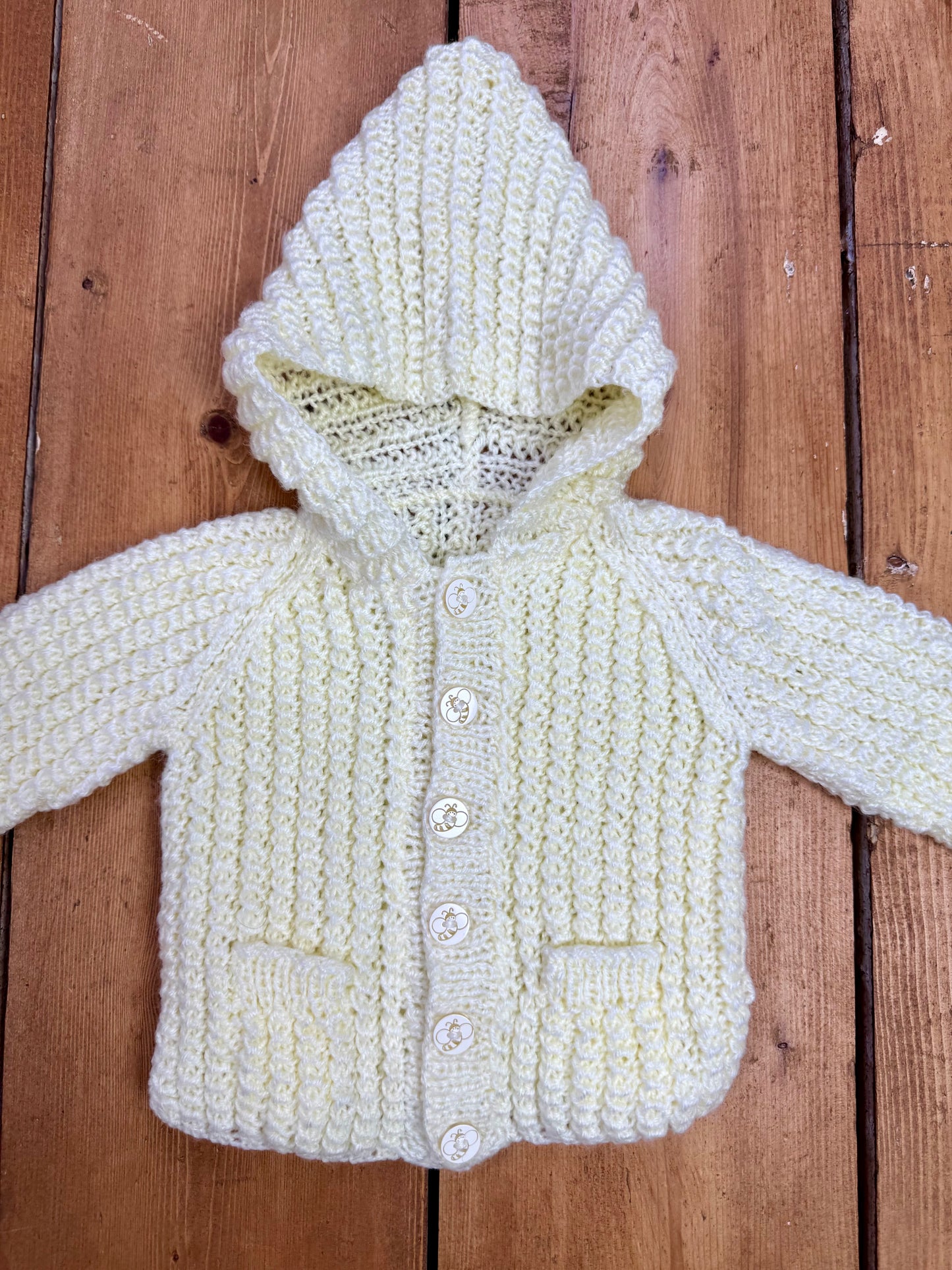Vintage Handknit Lemon Hooded Baby Cardigan | 3–6 Months