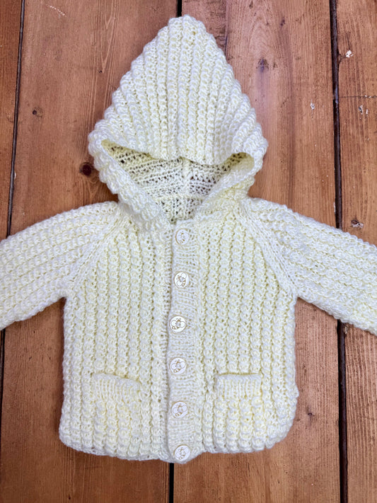 Vintage Handknit Lemon Hooded Baby Cardigan | 3–6 Months