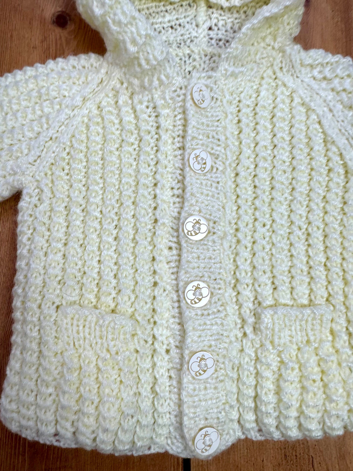 Vintage Handknit Lemon Hooded Baby Cardigan | 3–6 Months