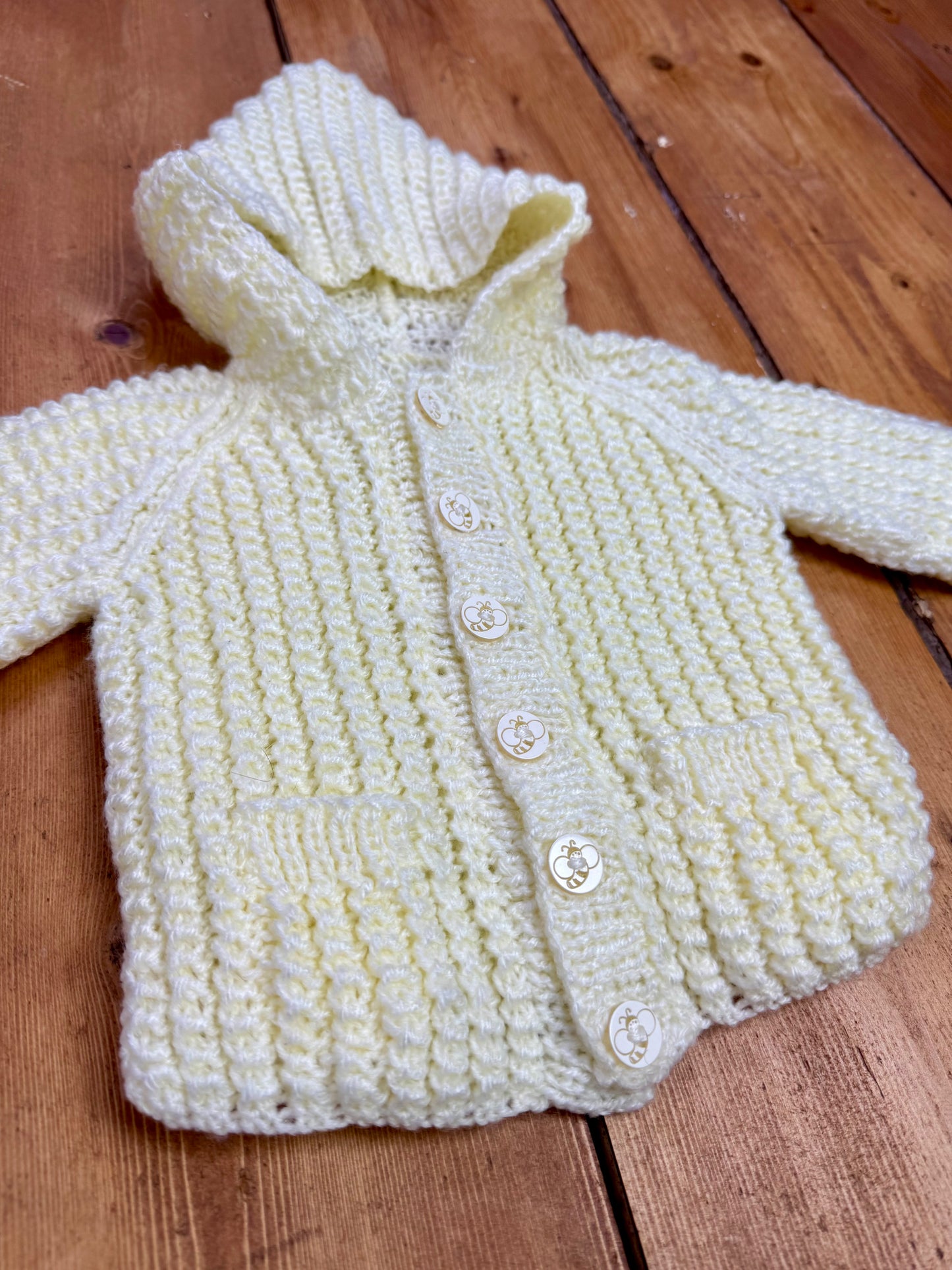 Vintage Handknit Lemon Hooded Baby Cardigan | 3–6 Months