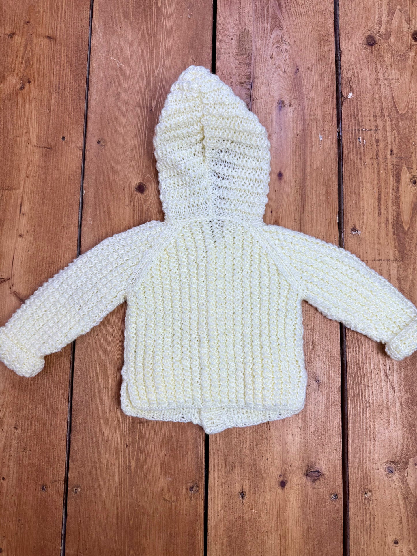 Vintage Handknit Lemon Hooded Baby Cardigan | 3–6 Months
