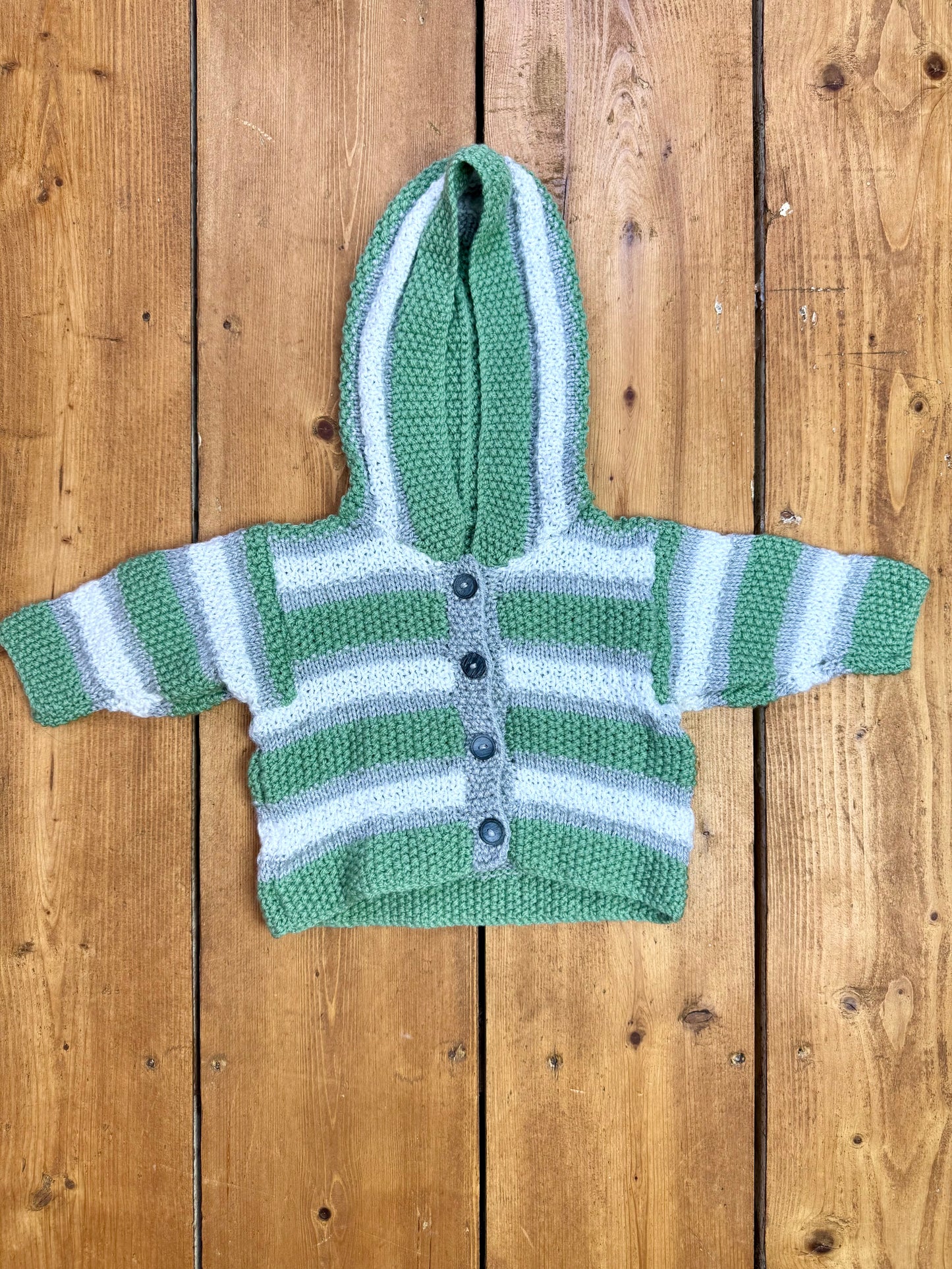 Vintage Handknit Striped Hooded Baby Cardigan | 3-6 Months