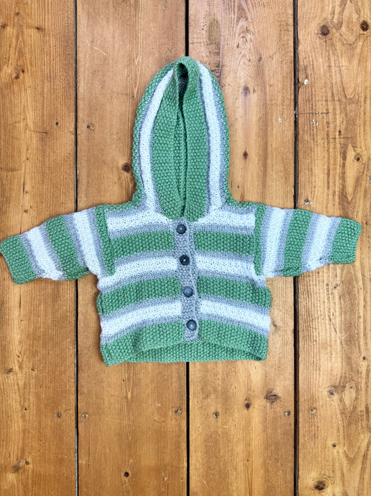 Vintage Handknit Striped Hooded Baby Cardigan | 3-6 Months