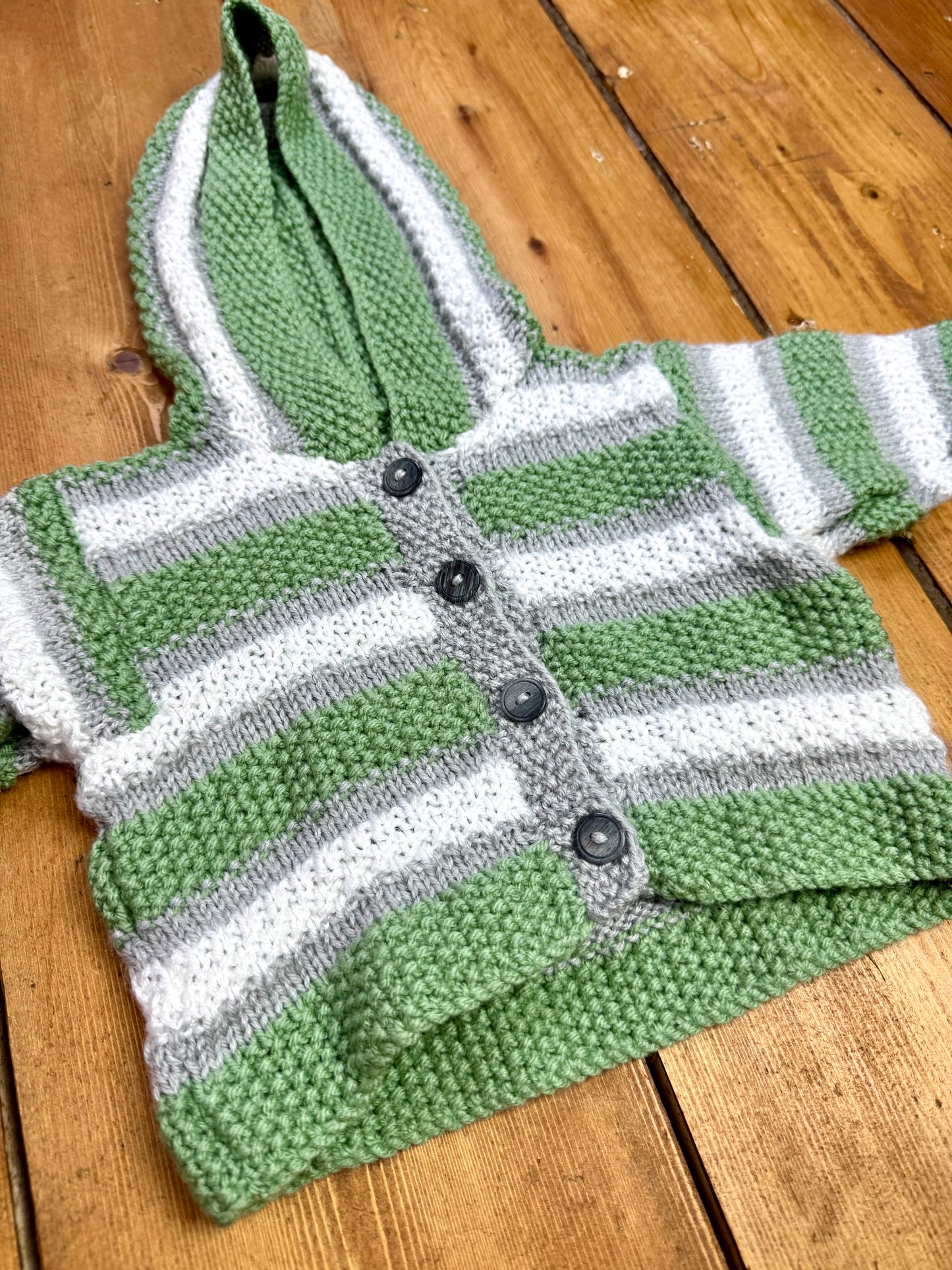 Vintage Handknit Striped Hooded Baby Cardigan | 3-6 Months