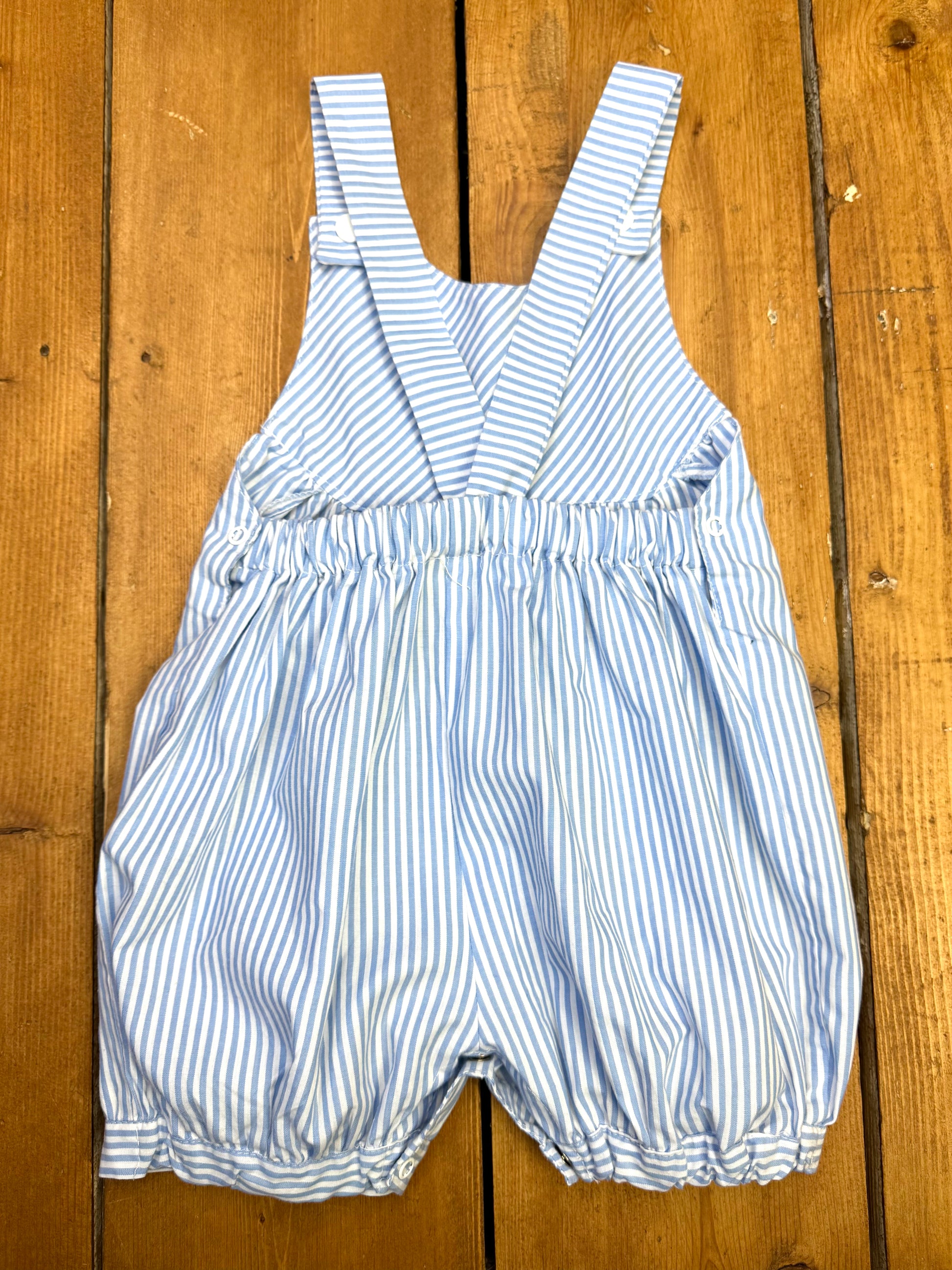 Vintage baby blue and white striped bubble romper dungarees with cross over straps