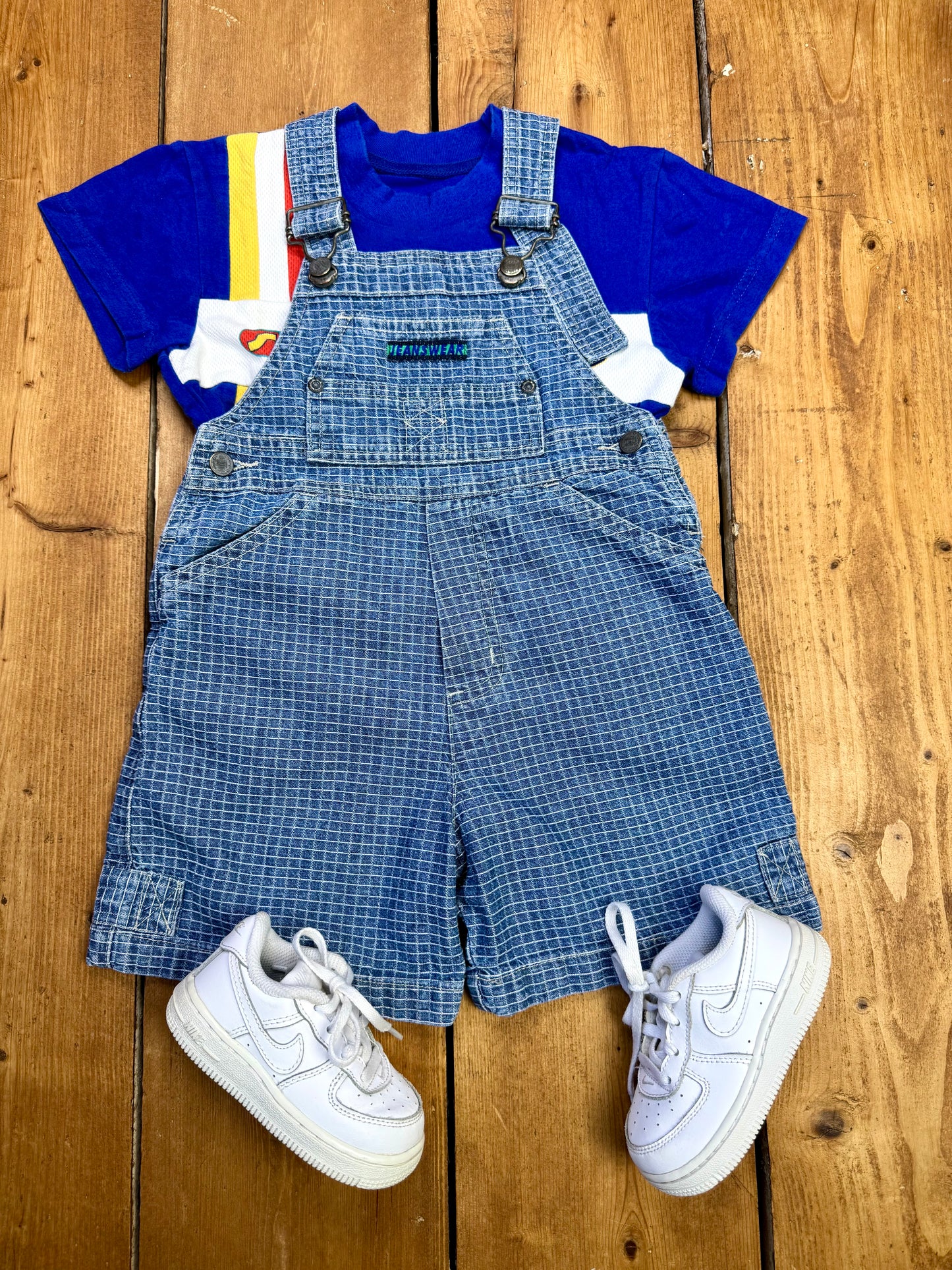 Vintage 90s Check Denim Dungaree Shorts | 2-3 Years