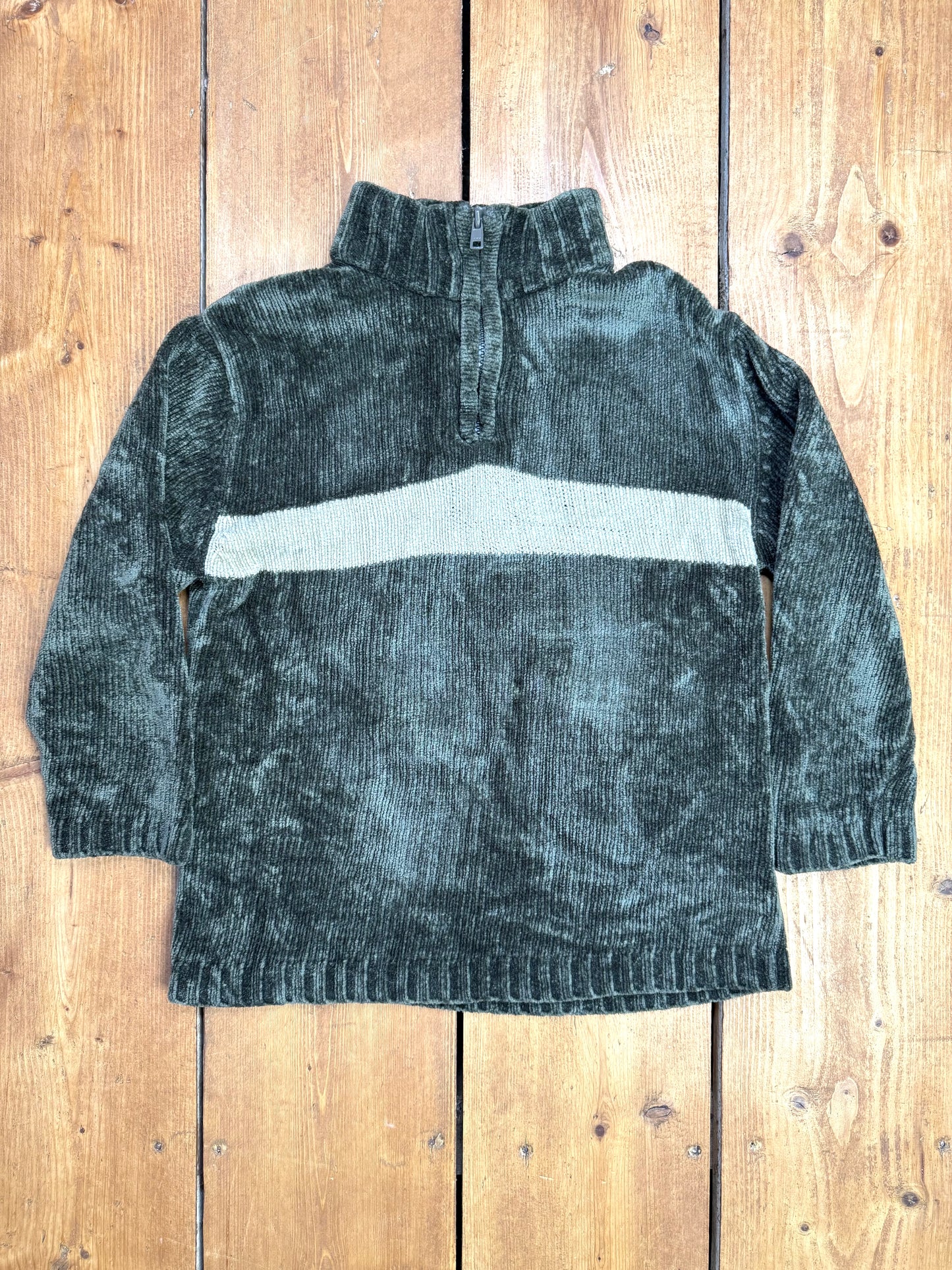 Vintage kids green 1/4 zip jumper with a cream stripe. Handpicked for Bee Tiny kids vintage.