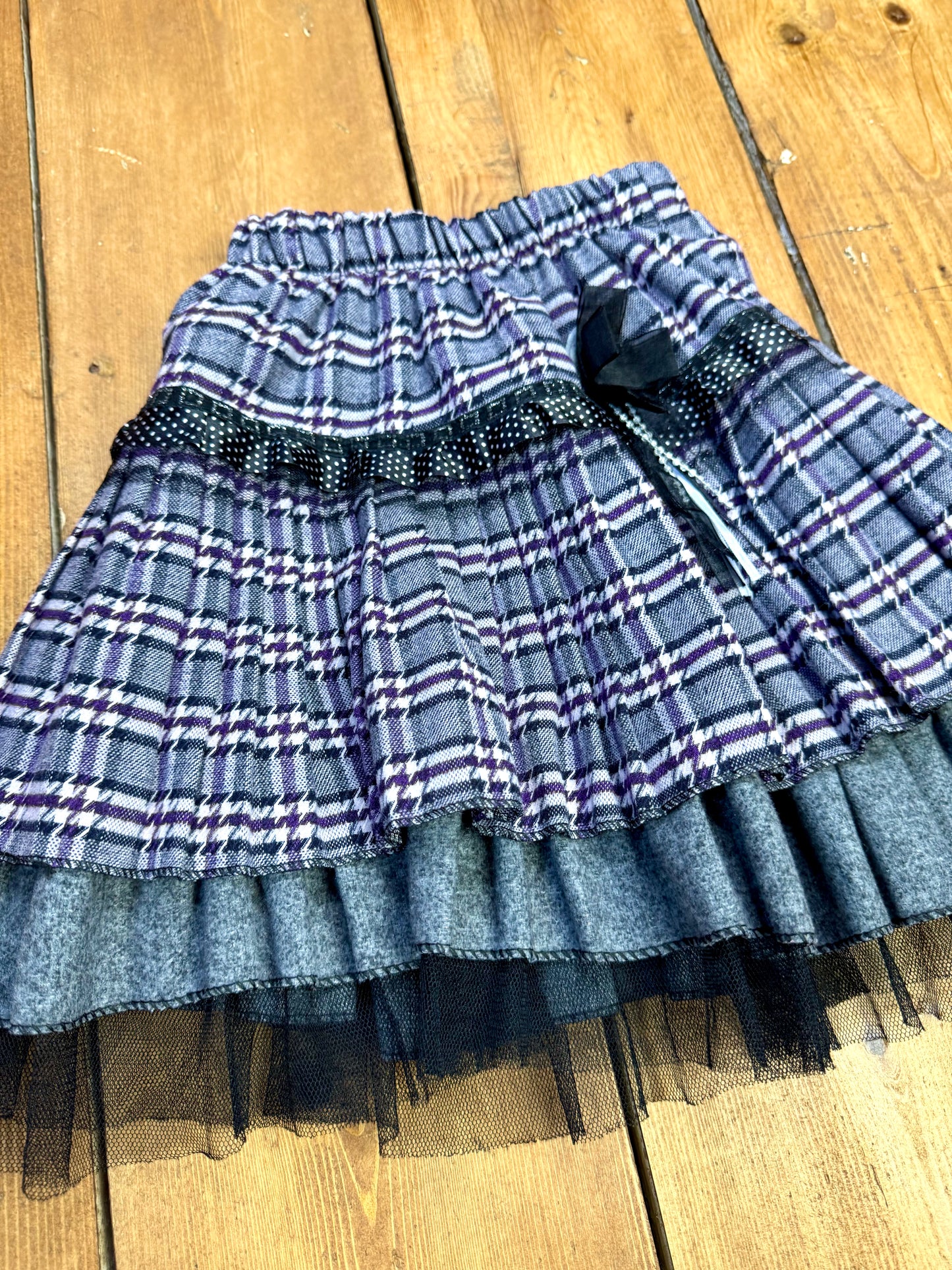 Y2K Grey Checked Tiered Tulle Skirt | 2-3 Years