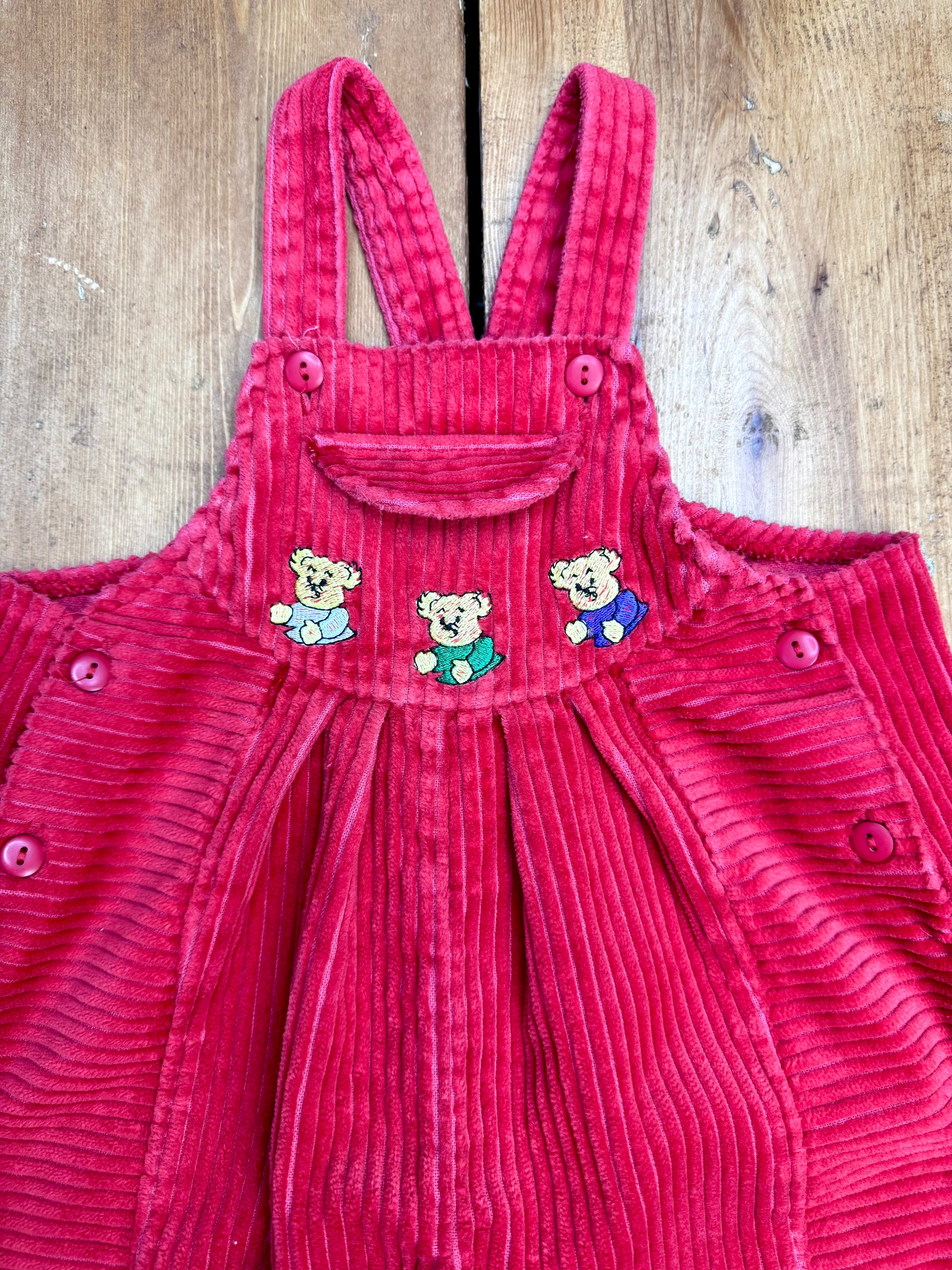 Vintage 90s St.Michael red corduroy dungarees with teddy bear embroidery