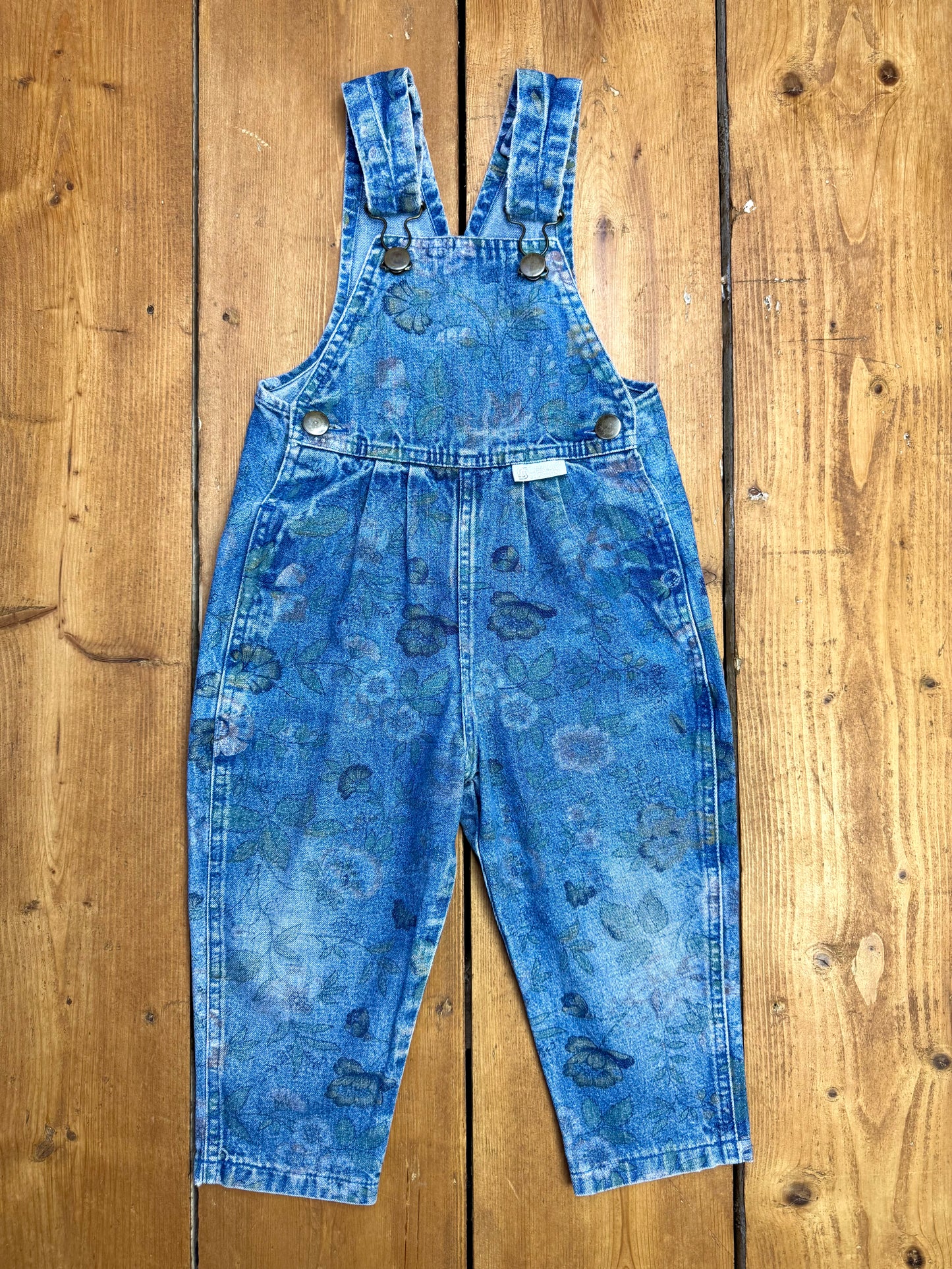 Vintage 90s blue denim overalls with floral pattern handpicked for Bee Tiny kids vintage