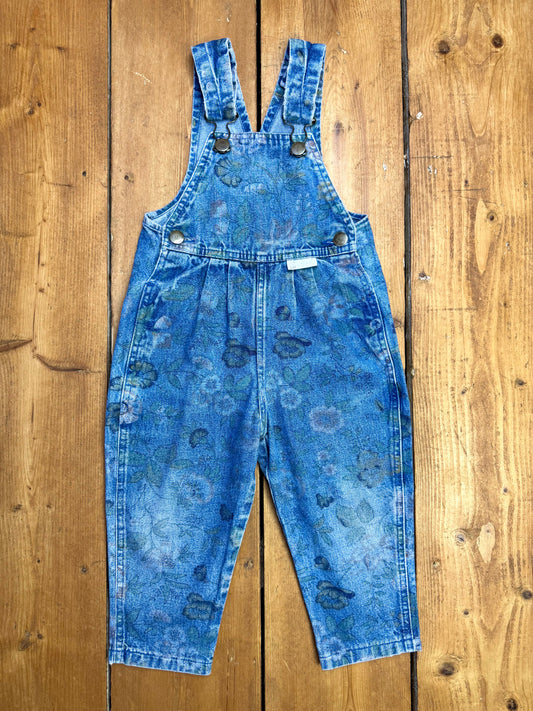 Vintage 90s blue denim overalls with floral pattern handpicked for Bee Tiny kids vintage