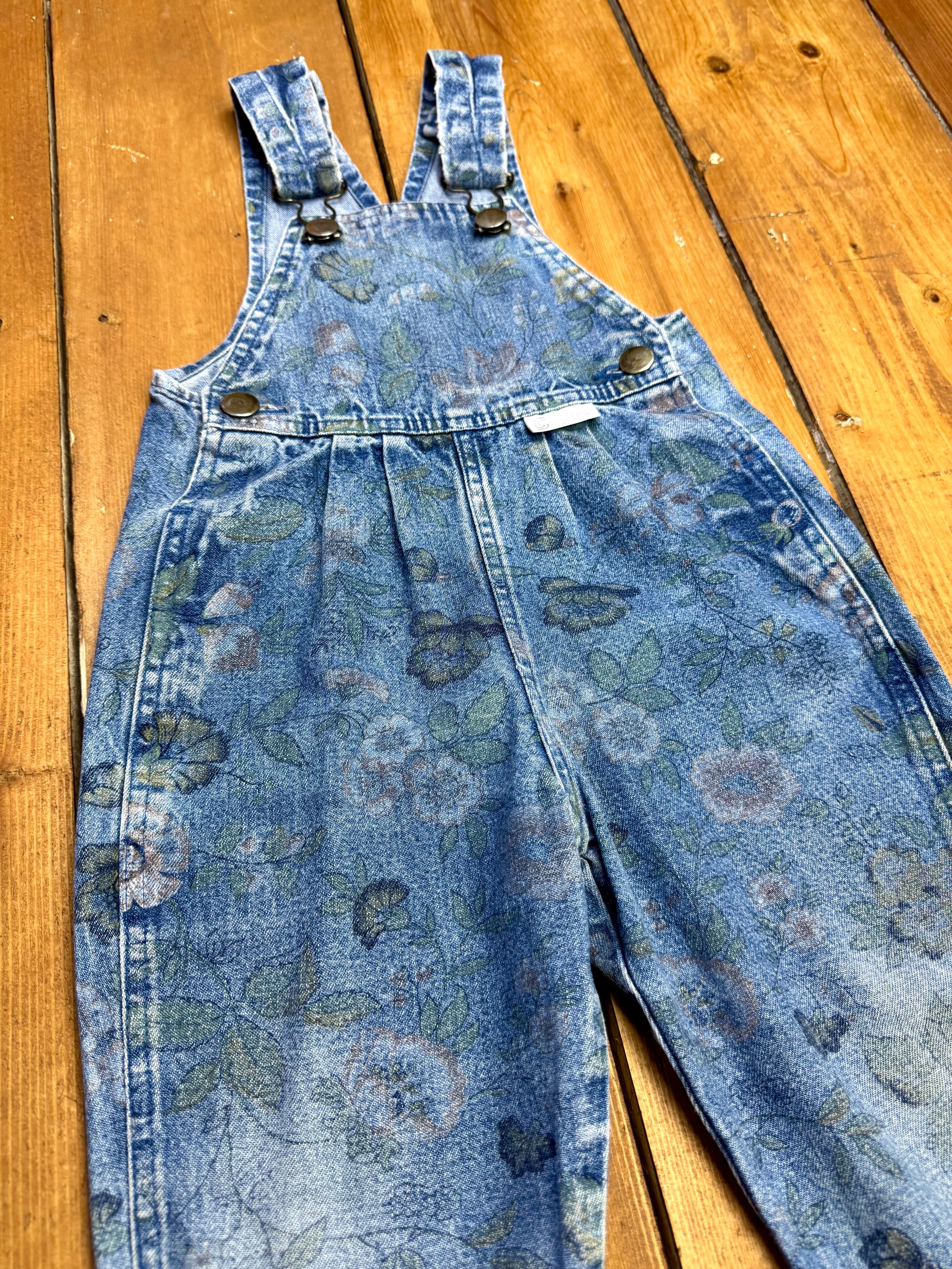 Vintage 90s blue denim overalls with floral pattern handpicked for Bee Tiny kids vintage