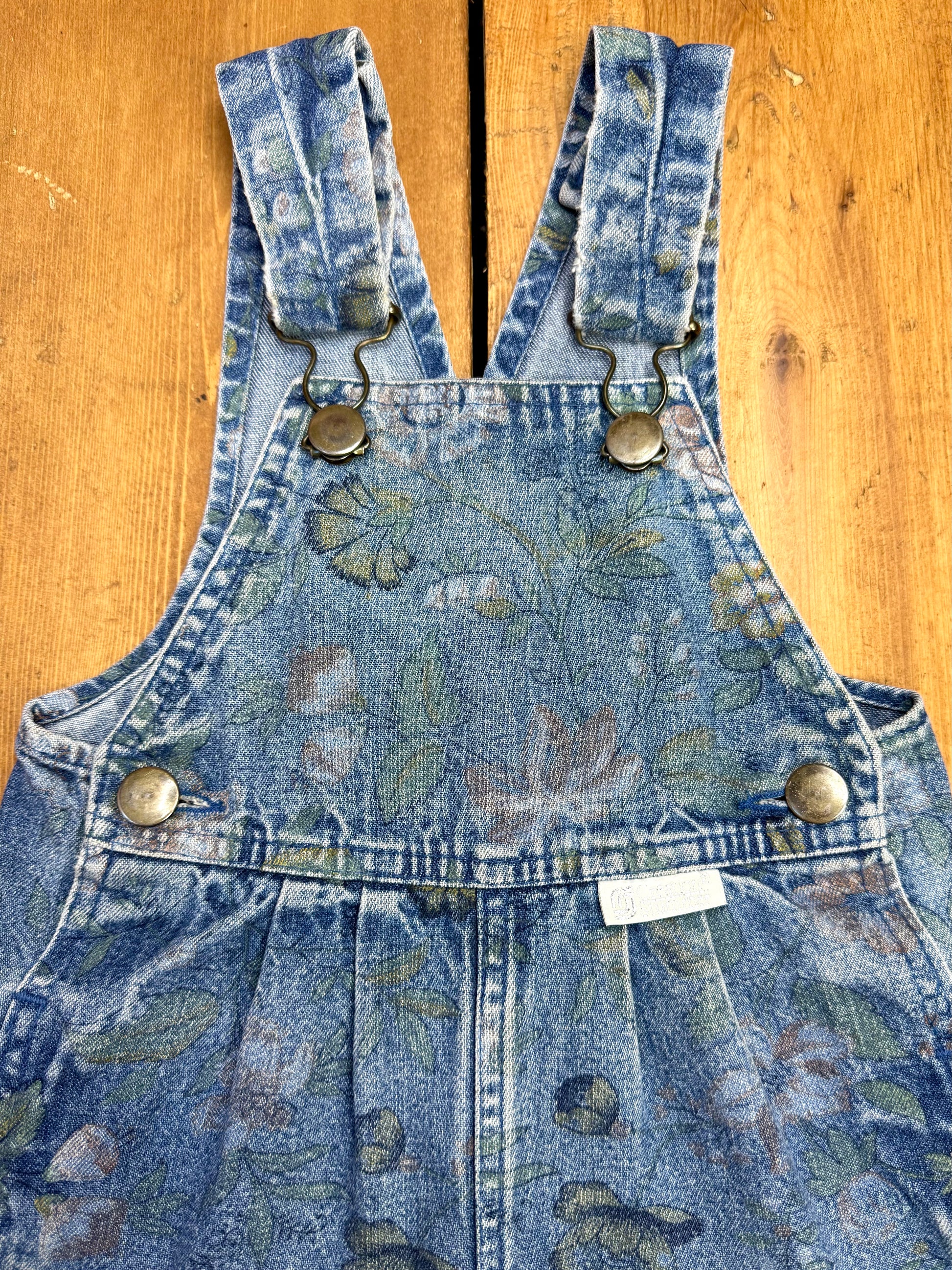 Vintage 90s blue denim overalls with floral pattern handpicked for Bee Tiny kids vintage
