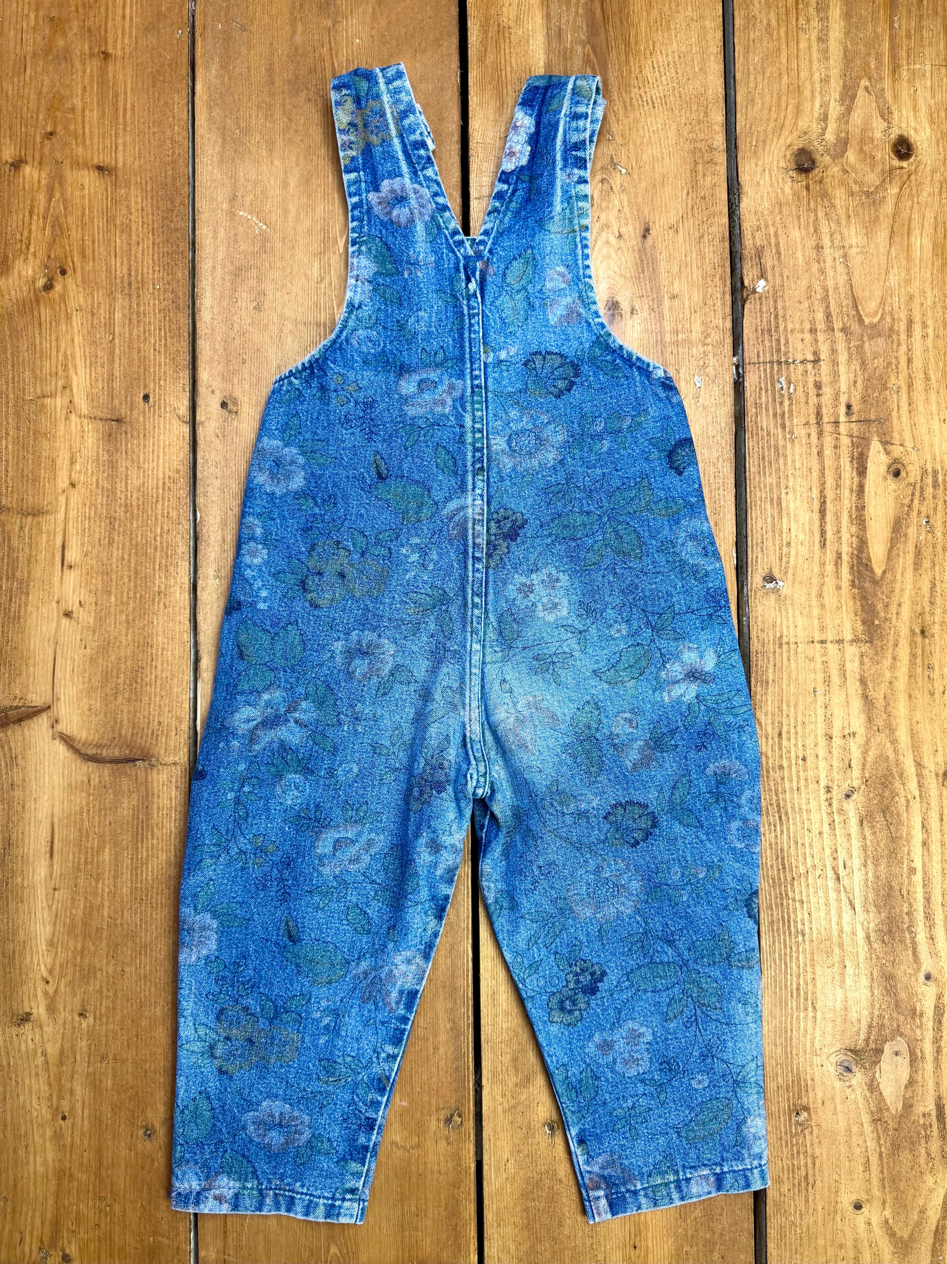 Vintage 90s blue denim overalls with floral pattern handpicked for Bee Tiny kids vintage