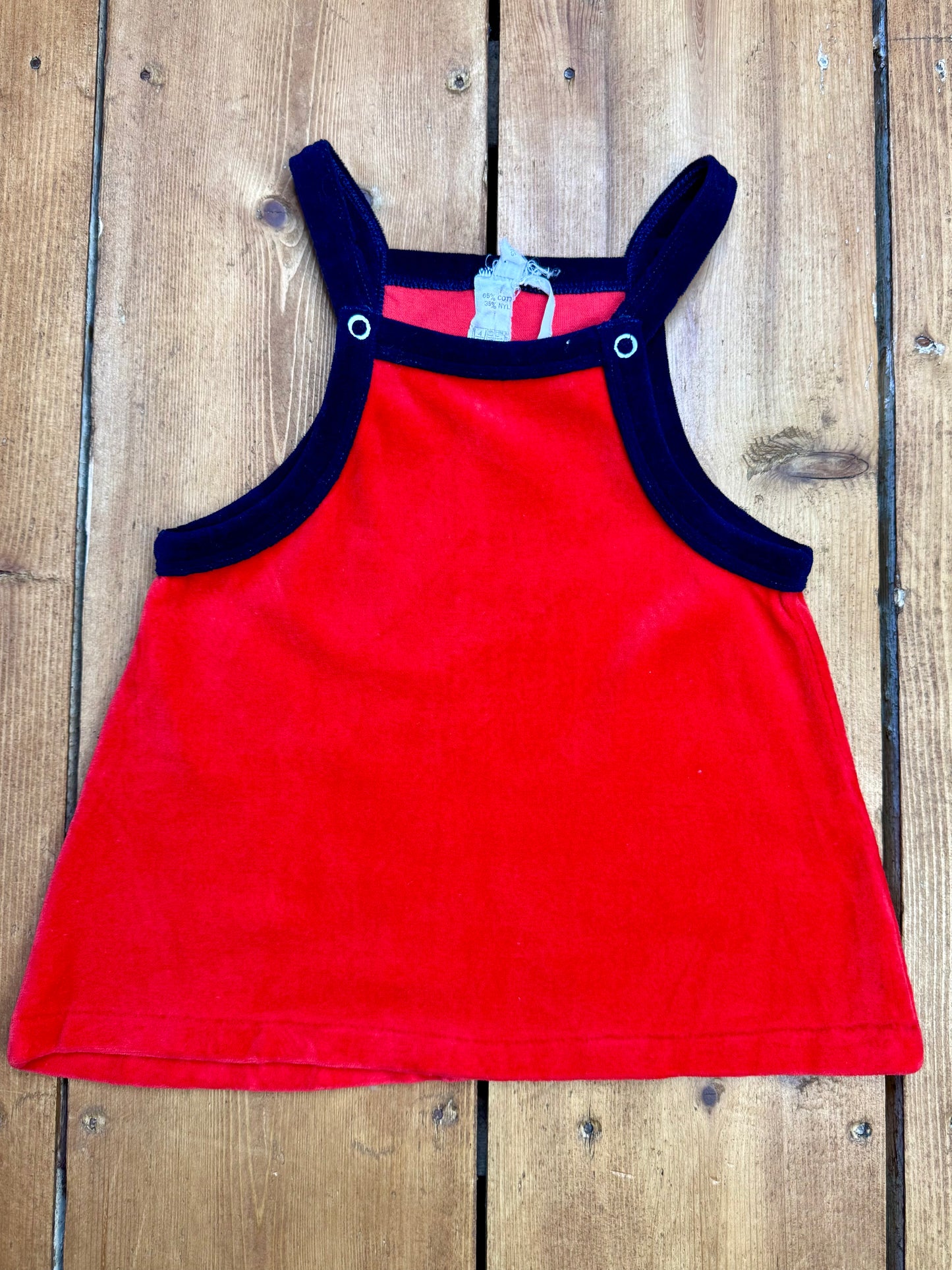 Vintage 90s red velour pinafore dress age 2 years. Handpicked for Bee Tiny kids vintage.