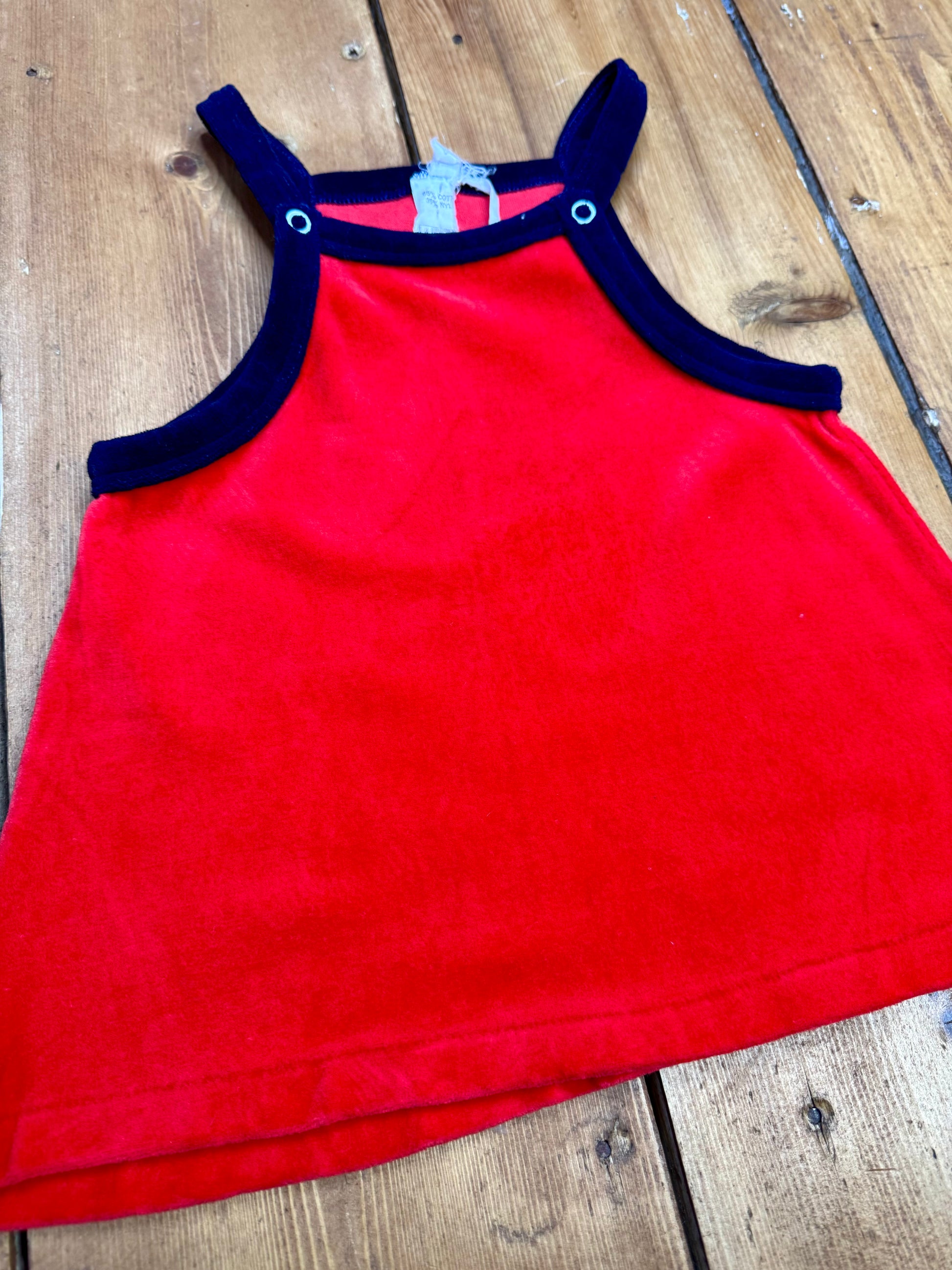 Vintage 90s red velour pinafore dress age 2 years. Handpicked for Bee Tiny kids vintage.